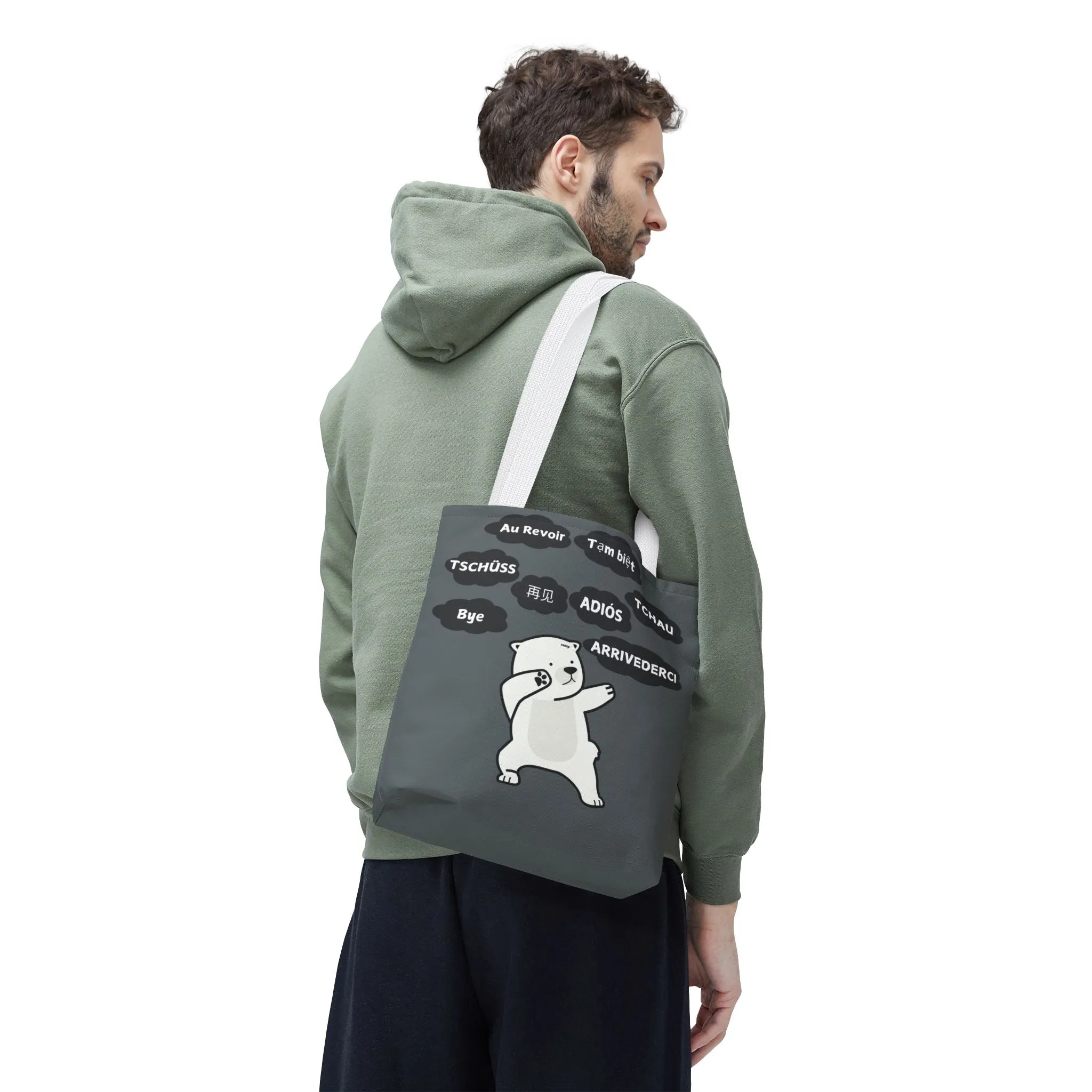 Dark Grey Multilingual Farewell Tote Bag with Dancing Bear Design- Perfect for Friendship Gifts, Bag for Shopping, Everyday Shopping bag