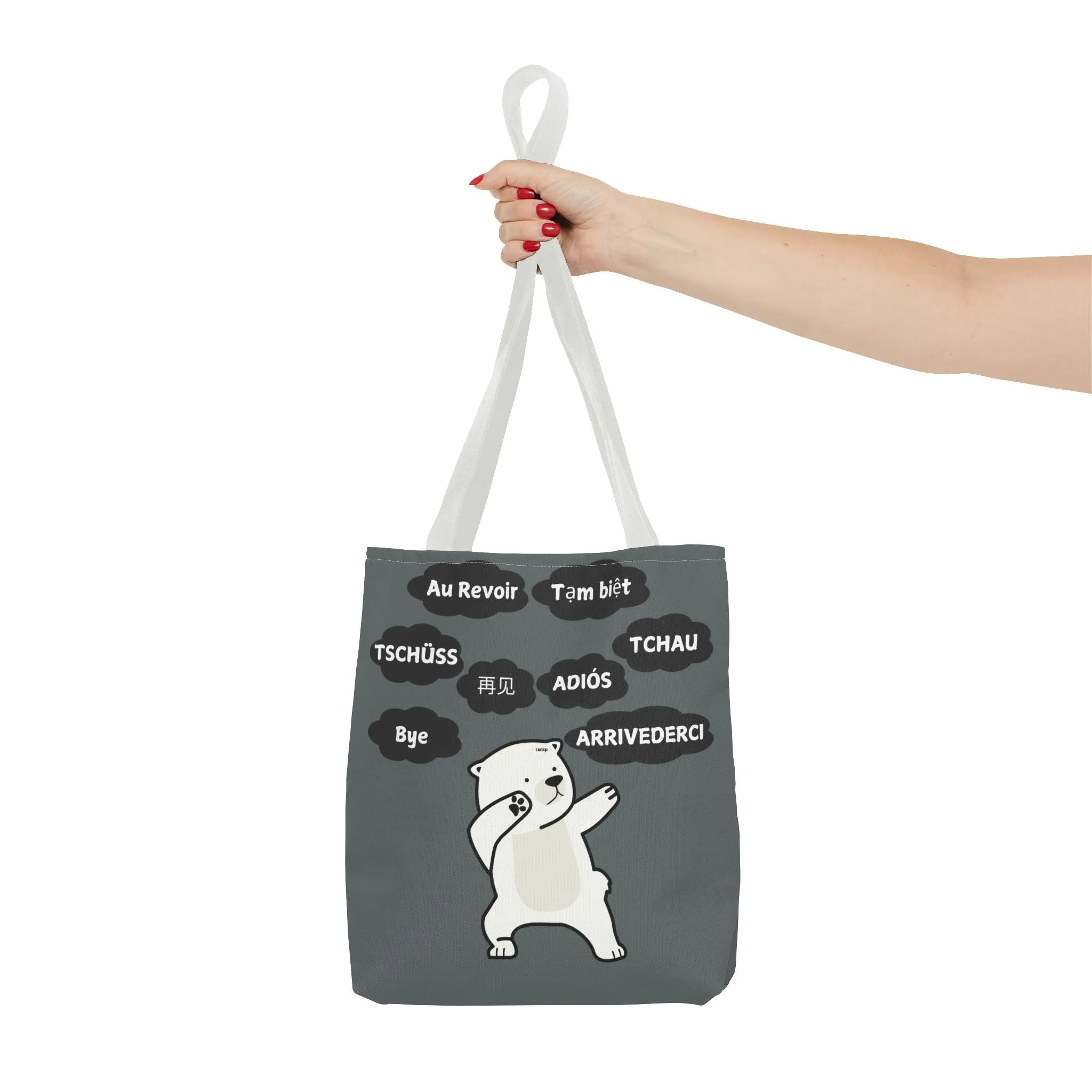 Dark Grey Multilingual Farewell Tote Bag with Dancing Bear Design- Perfect for Friendship Gifts, Bag for Shopping, Everyday Shopping bag