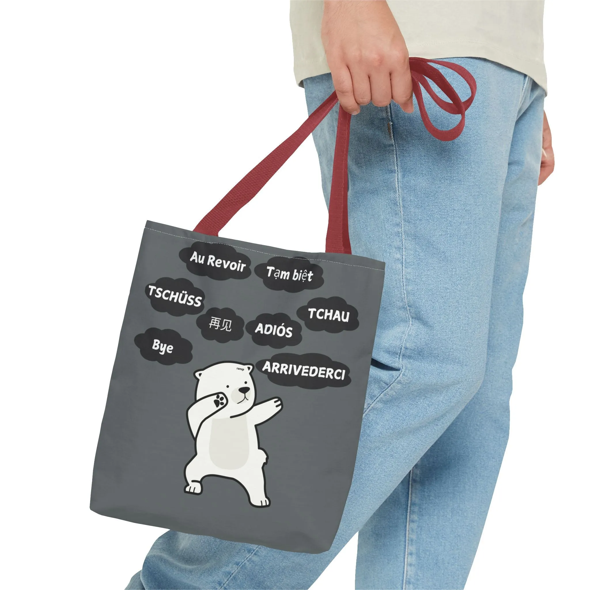 Dark Grey Multilingual Farewell Tote Bag with Dancing Bear Design- Perfect for Friendship Gifts, Bag for Shopping, Everyday Shopping bag