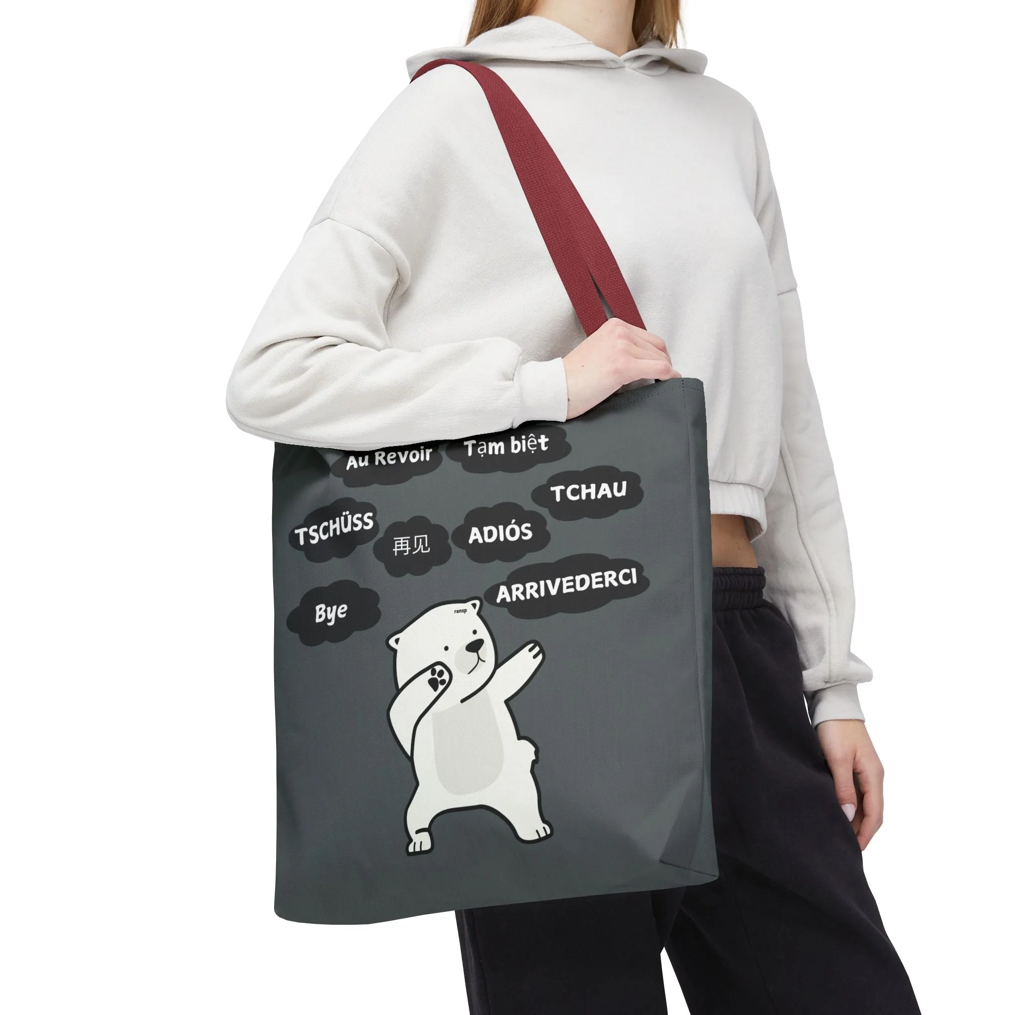 Dark Grey Multilingual Farewell Tote Bag with Dancing Bear Design- Perfect for Friendship Gifts, Bag for Shopping, Everyday Shopping bag