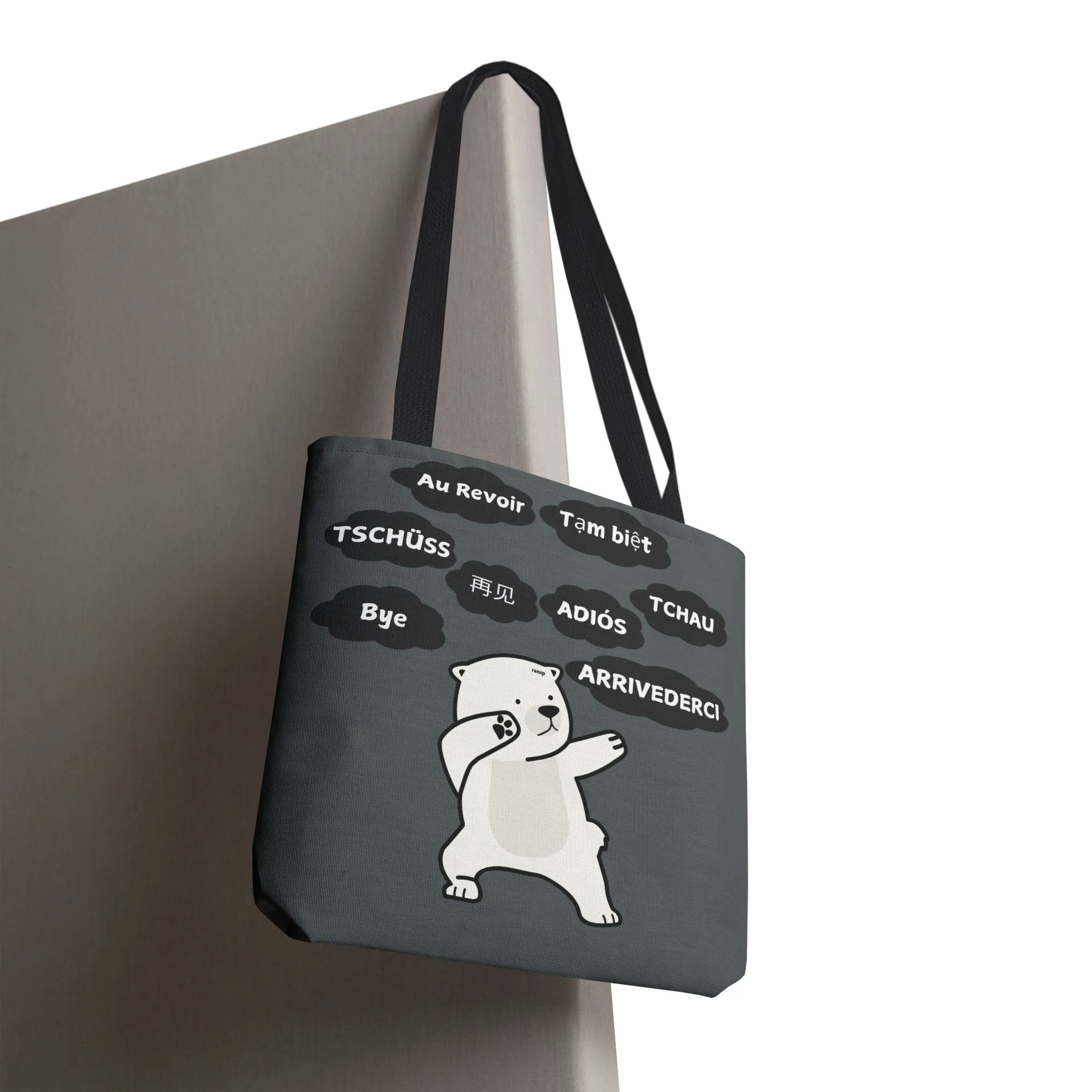 Dark Grey Multilingual Farewell Tote Bag with Dancing Bear Design- Perfect for Friendship Gifts, Bag for Shopping, Everyday Shopping bag