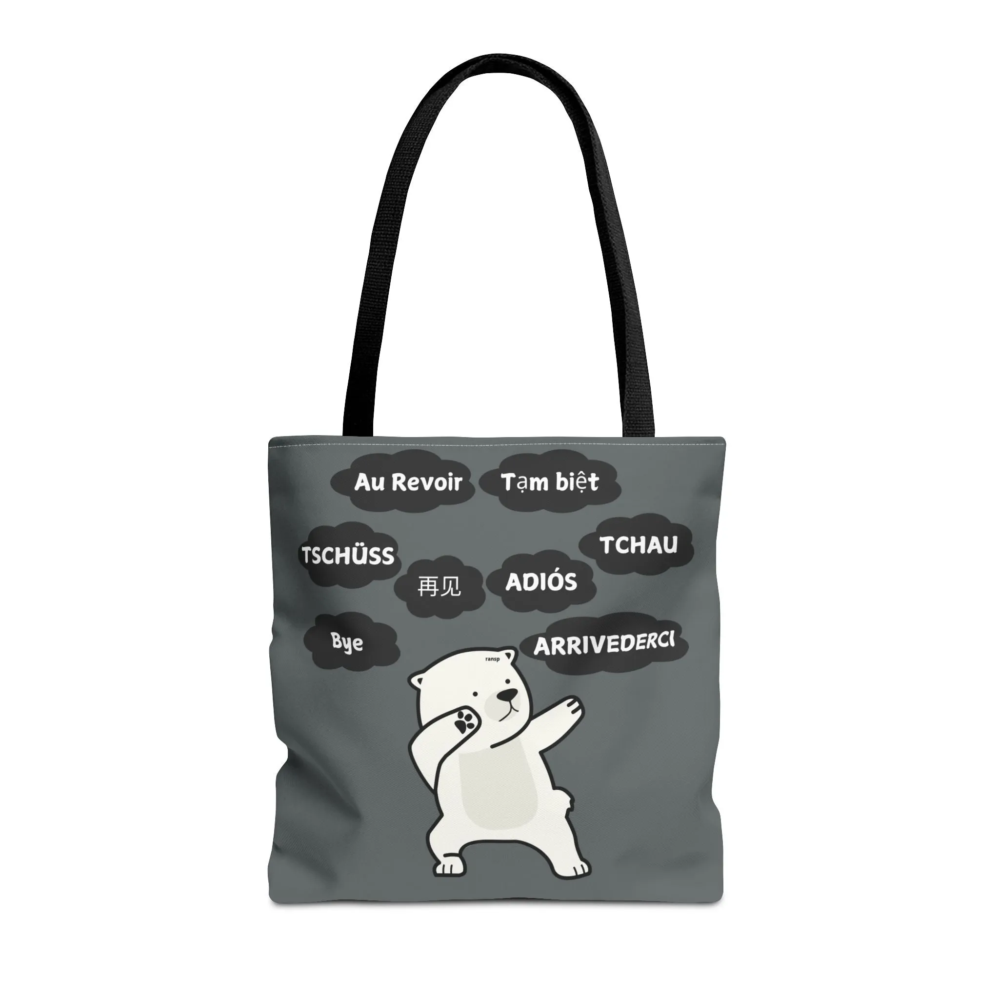 Dark Grey Multilingual Farewell Tote Bag with Dancing Bear Design- Perfect for Friendship Gifts, Bag for Shopping, Everyday Shopping bag