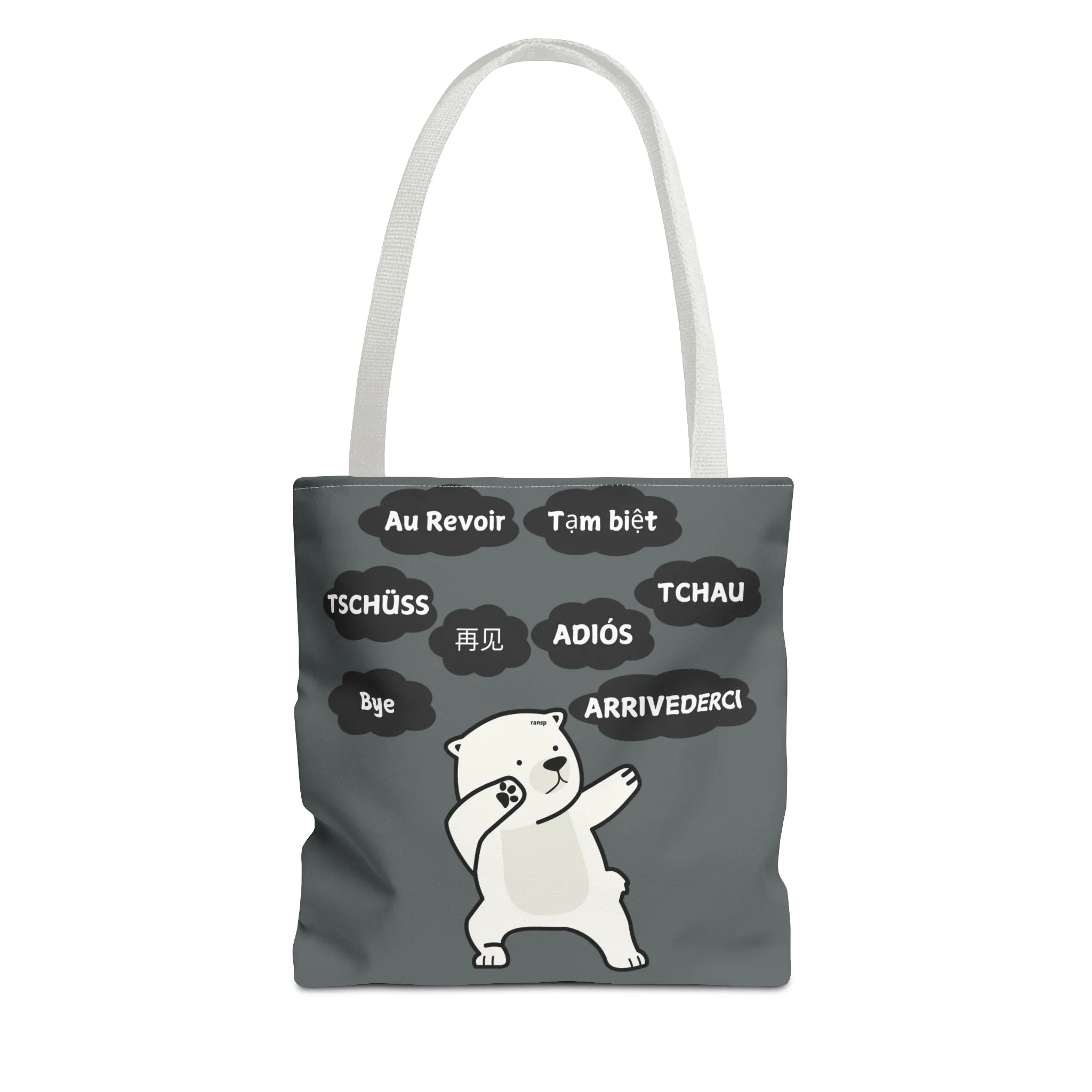 Dark Grey Multilingual Farewell Tote Bag with Dancing Bear Design- Perfect for Friendship Gifts, Bag for Shopping, Everyday Shopping bag