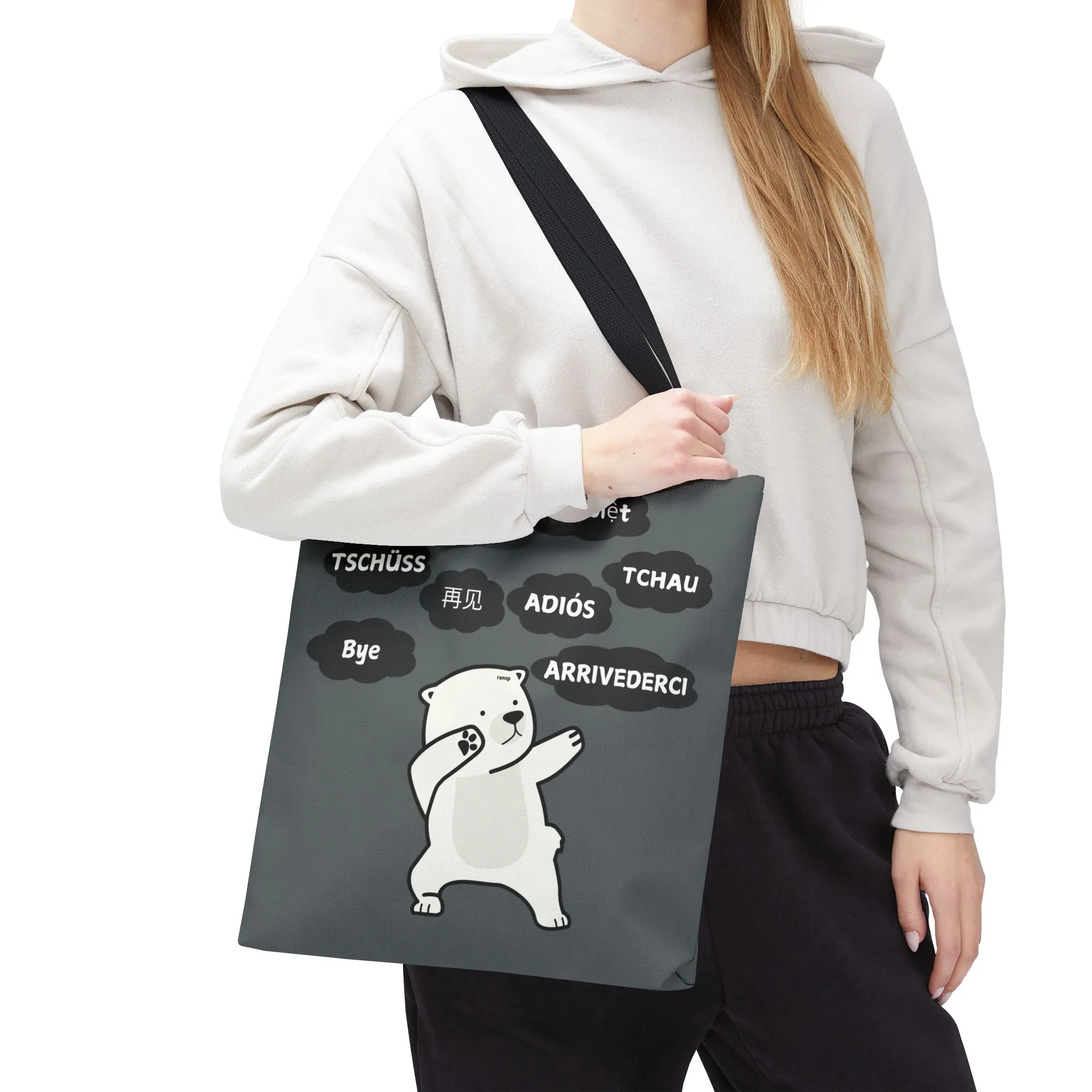 Dark Grey Multilingual Farewell Tote Bag with Dancing Bear Design- Perfect for Friendship Gifts, Bag for Shopping, Everyday Shopping bag