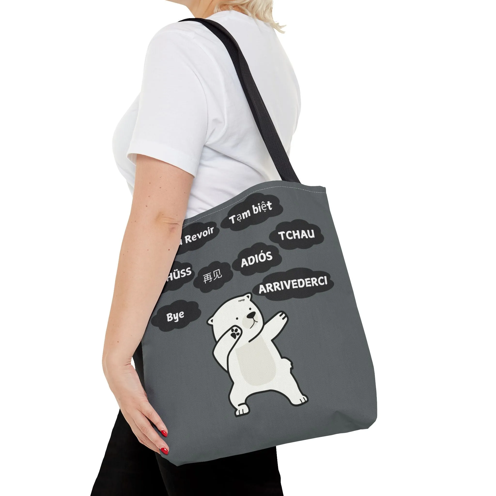 Dark Grey Multilingual Farewell Tote Bag with Dancing Bear Design- Perfect for Friendship Gifts, Bag for Shopping, Everyday Shopping bag