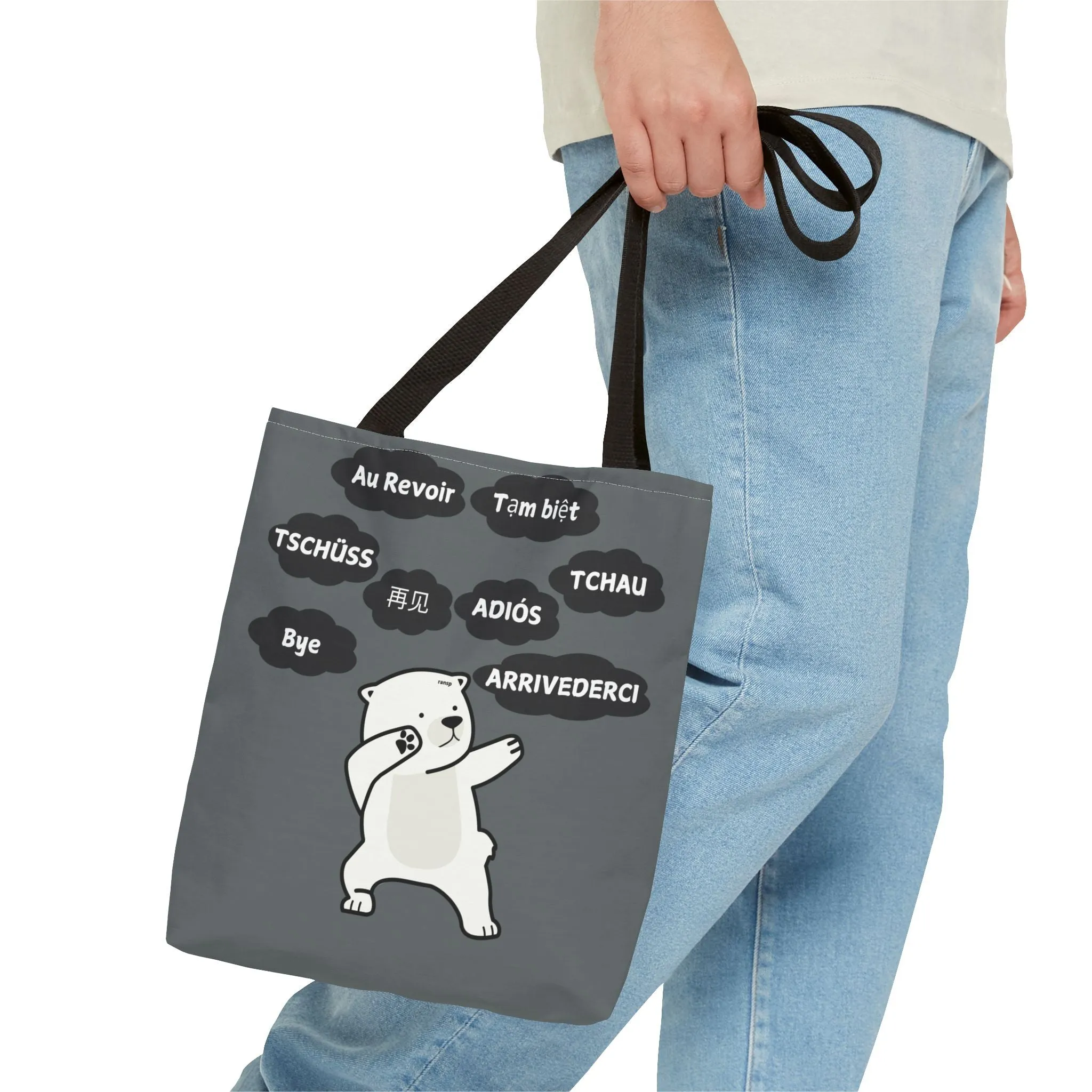 Dark Grey Multilingual Farewell Tote Bag with Dancing Bear Design- Perfect for Friendship Gifts, Bag for Shopping, Everyday Shopping bag