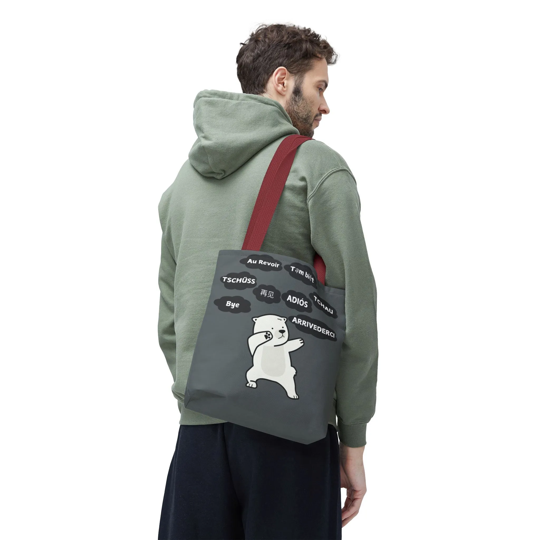 Dark Grey Multilingual Farewell Tote Bag with Dancing Bear Design- Perfect for Friendship Gifts, Bag for Shopping, Everyday Shopping bag