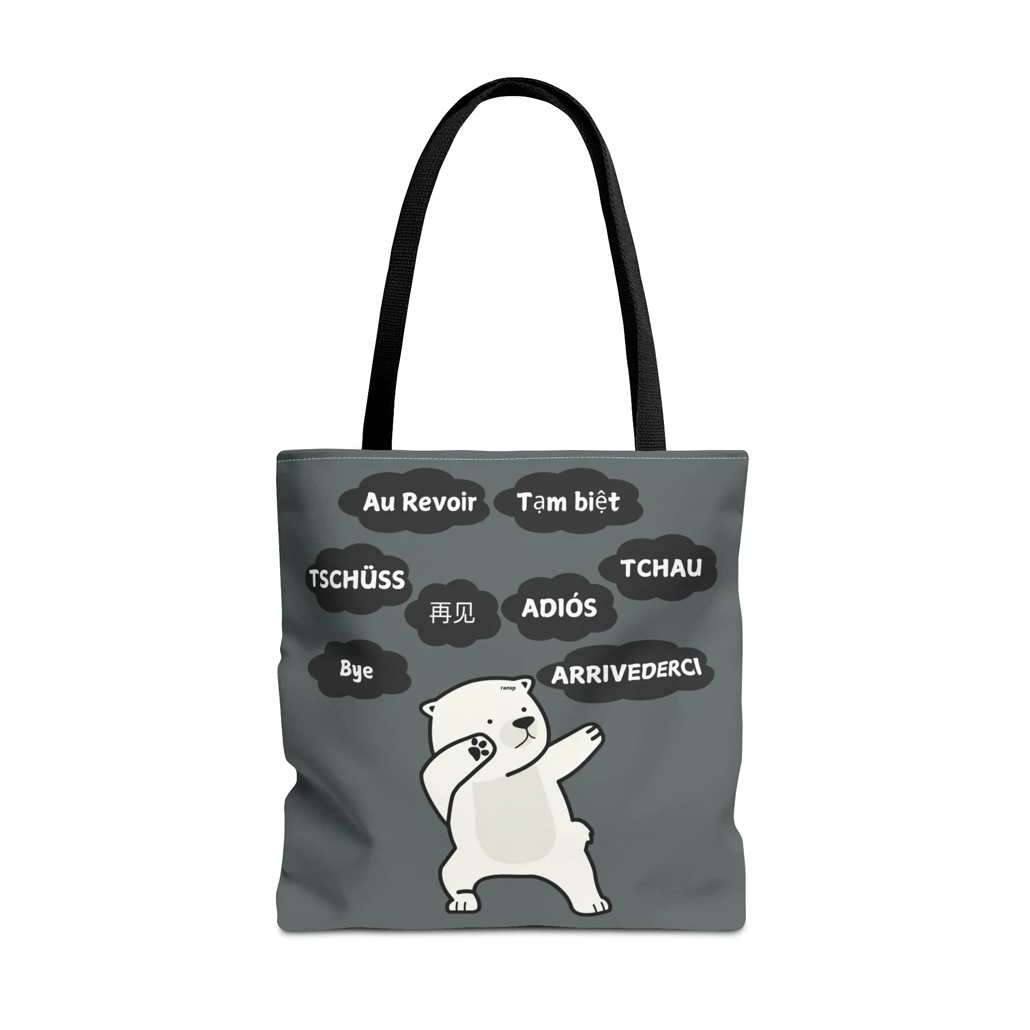 Dark Grey Multilingual Farewell Tote Bag with Dancing Bear Design- Perfect for Friendship Gifts, Bag for Shopping, Everyday Shopping bag