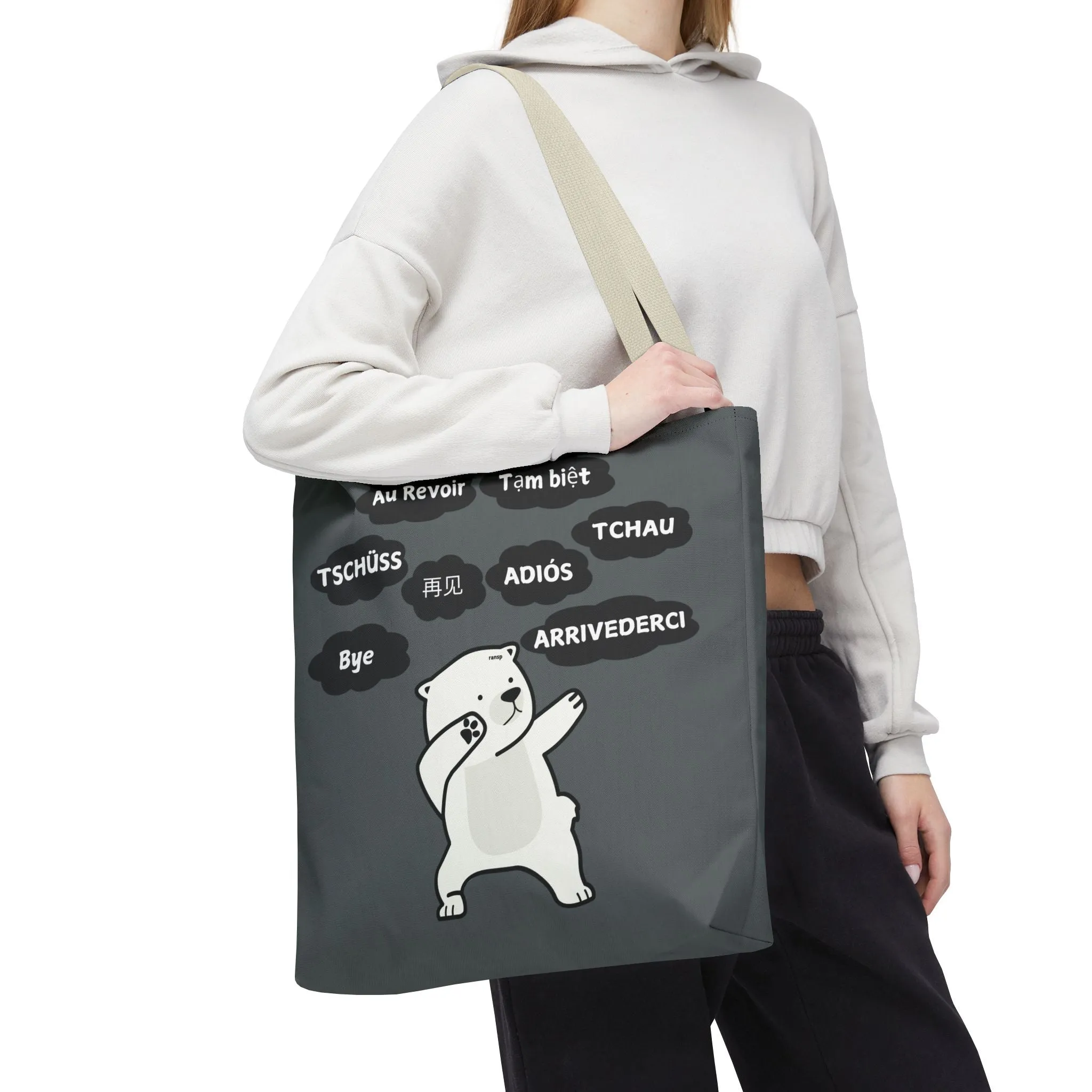 Dark Grey Multilingual Farewell Tote Bag with Dancing Bear Design- Perfect for Friendship Gifts, Bag for Shopping, Everyday Shopping bag