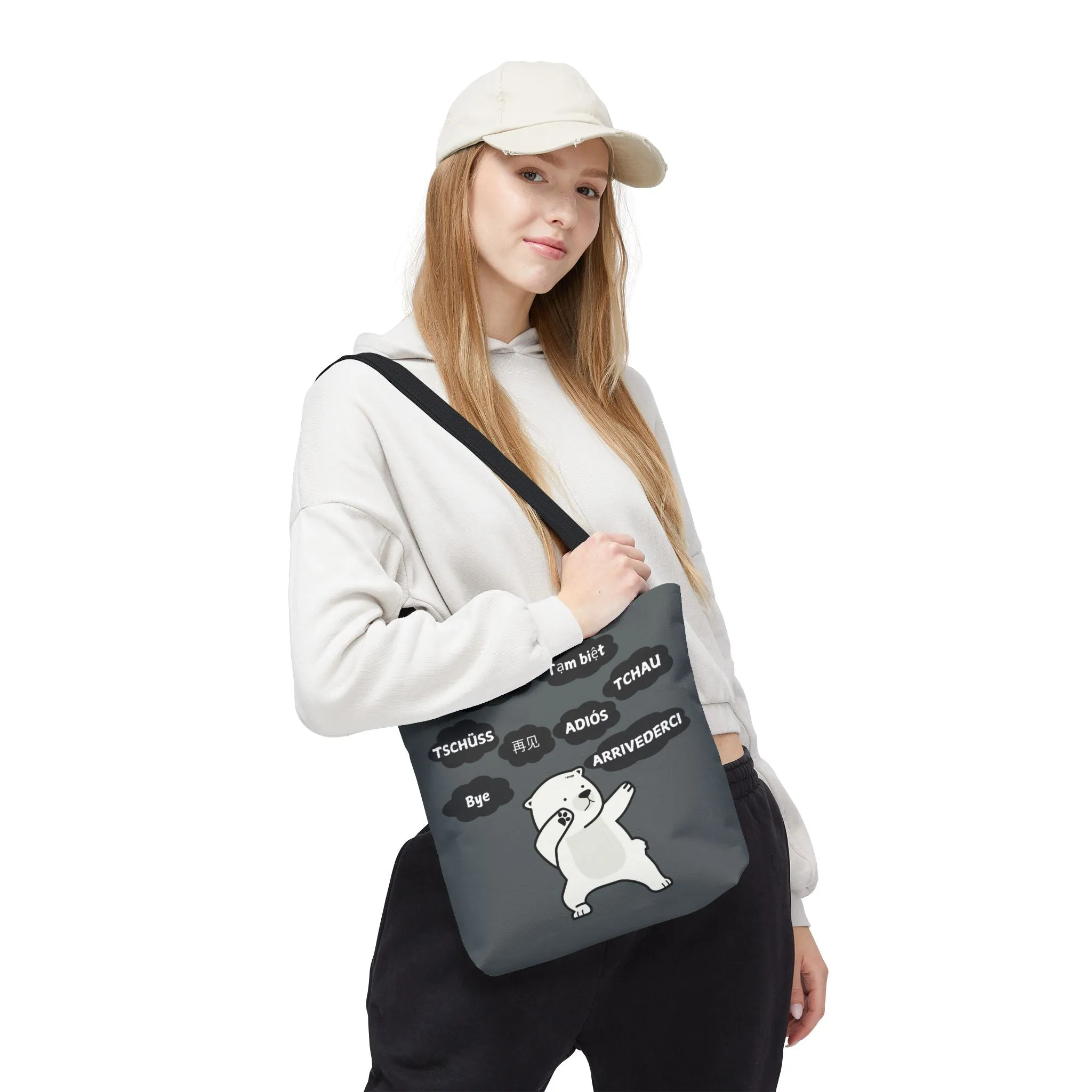 Dark Grey Multilingual Farewell Tote Bag with Dancing Bear Design- Perfect for Friendship Gifts, Bag for Shopping, Everyday Shopping bag