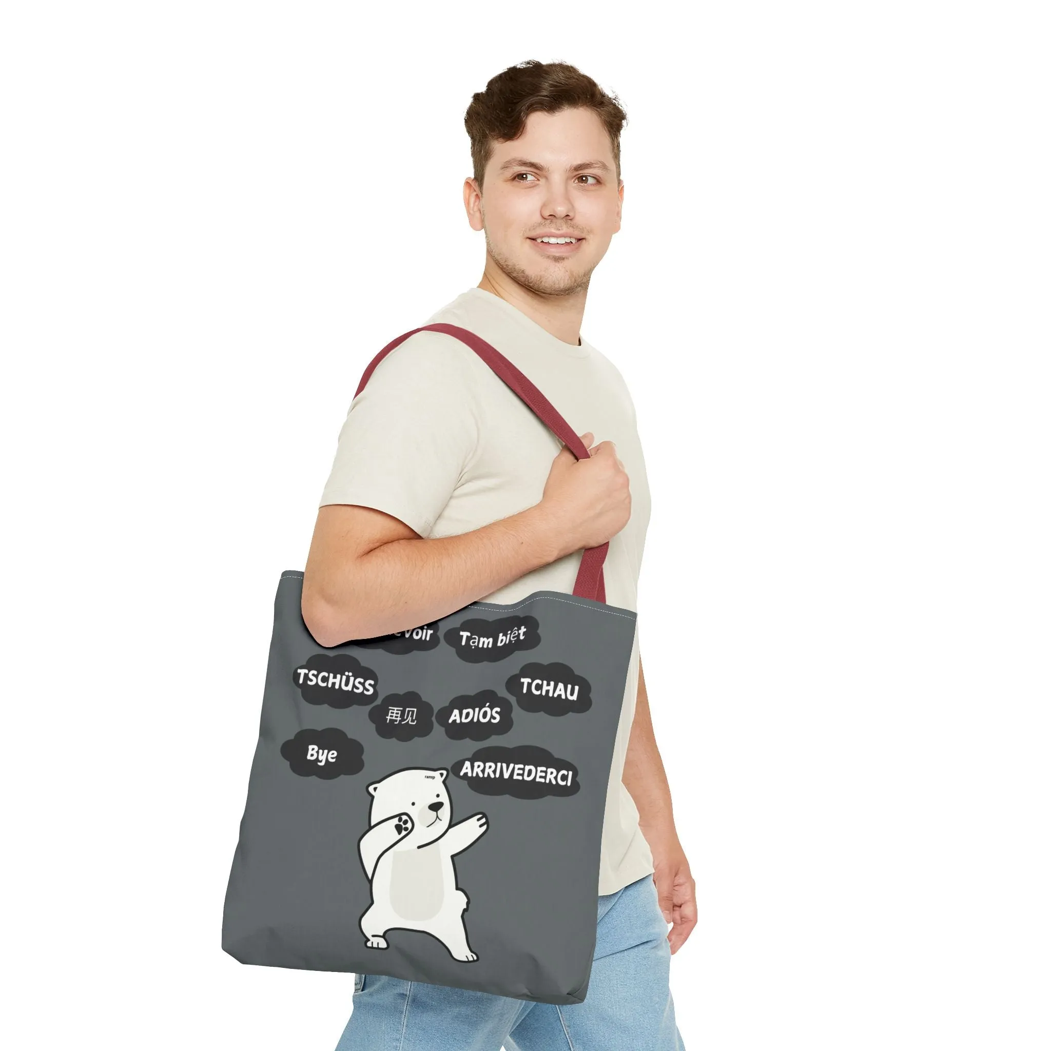 Dark Grey Multilingual Farewell Tote Bag with Dancing Bear Design- Perfect for Friendship Gifts, Bag for Shopping, Everyday Shopping bag
