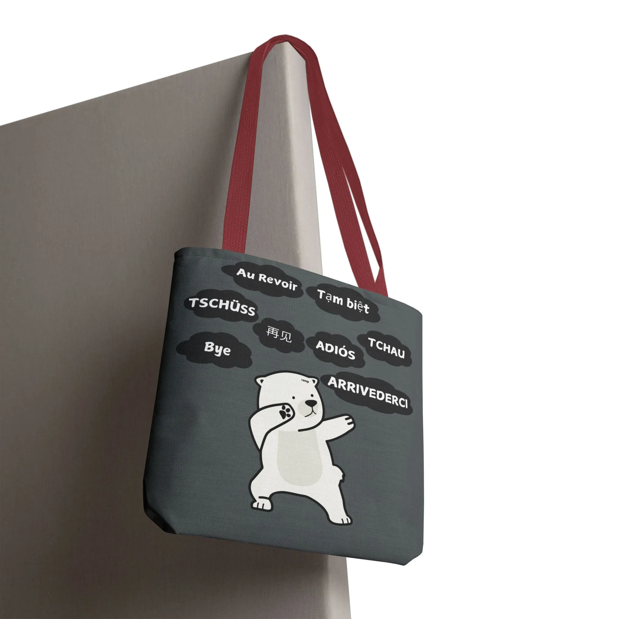 Dark Grey Multilingual Farewell Tote Bag with Dancing Bear Design- Perfect for Friendship Gifts, Bag for Shopping, Everyday Shopping bag