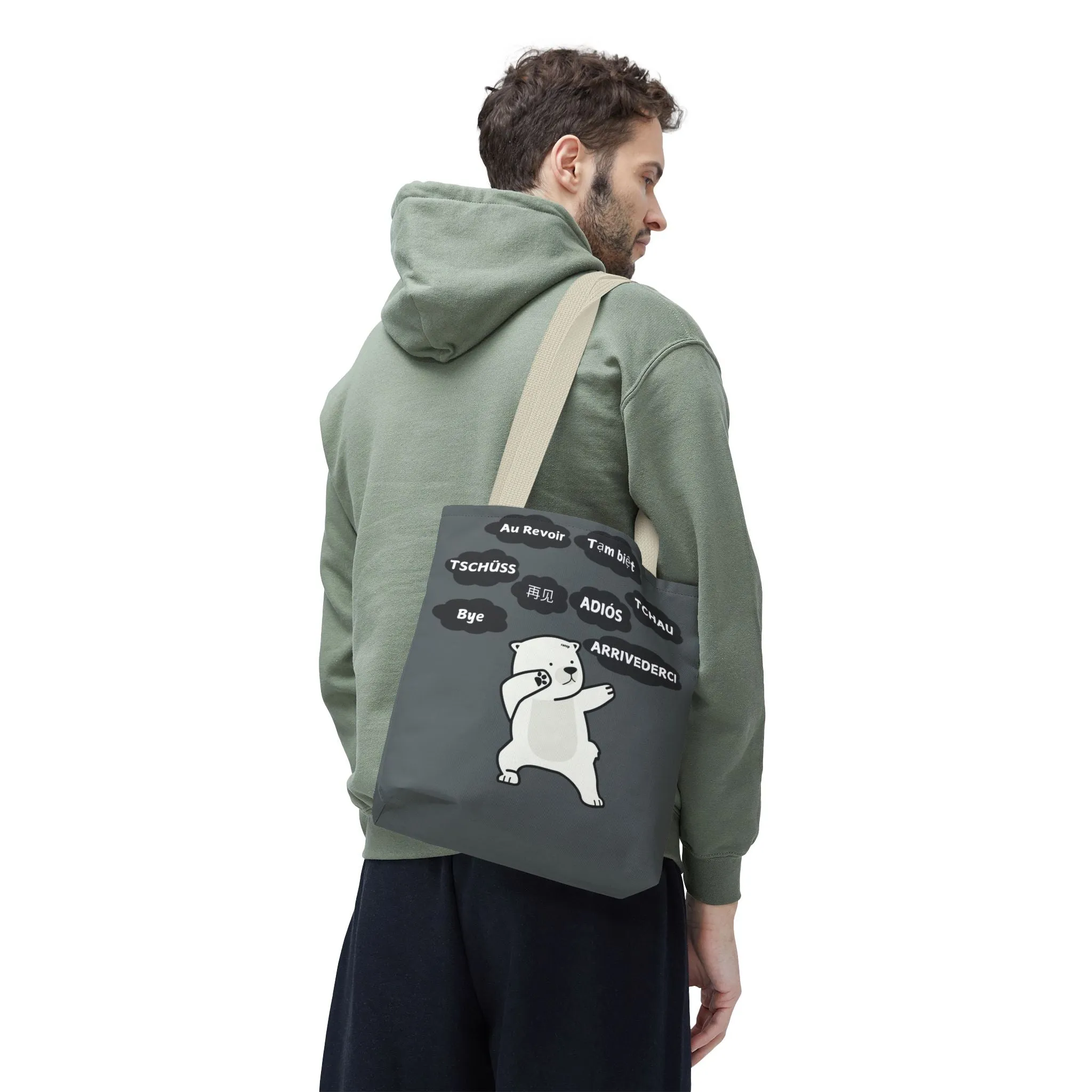 Dark Grey Multilingual Farewell Tote Bag with Dancing Bear Design- Perfect for Friendship Gifts, Bag for Shopping, Everyday Shopping bag