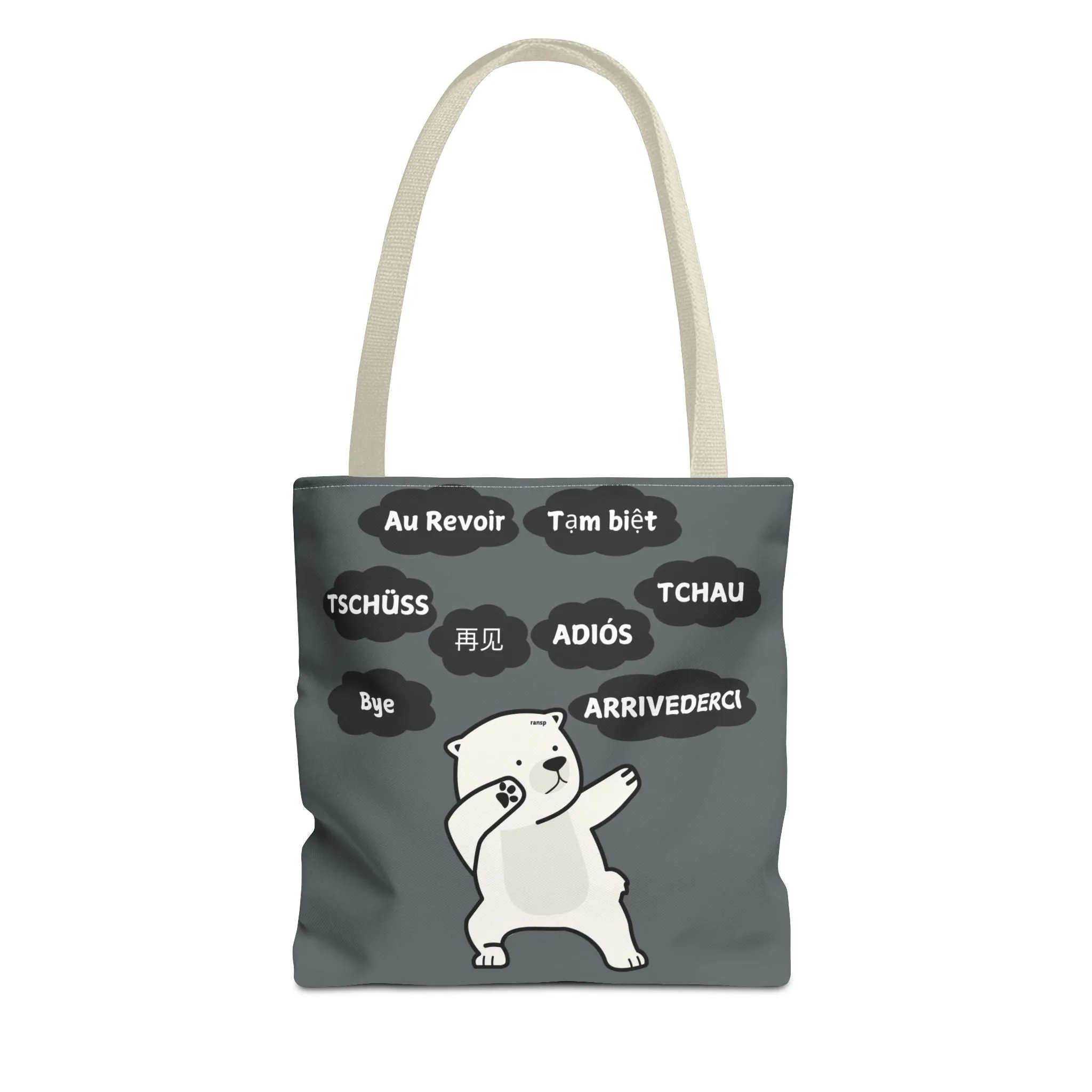 Dark Grey Multilingual Farewell Tote Bag with Dancing Bear Design- Perfect for Friendship Gifts, Bag for Shopping, Everyday Shopping bag