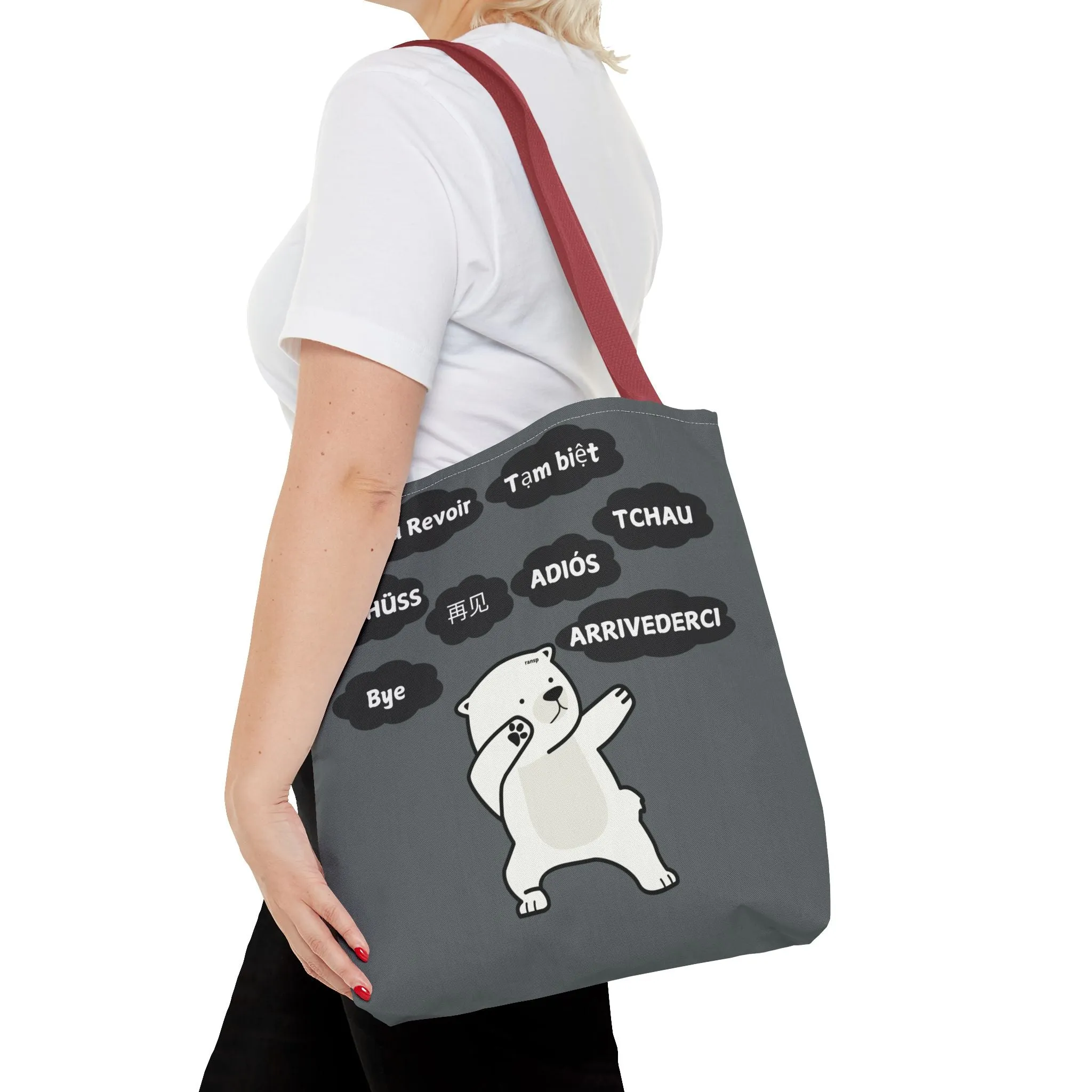 Dark Grey Multilingual Farewell Tote Bag with Dancing Bear Design- Perfect for Friendship Gifts, Bag for Shopping, Everyday Shopping bag