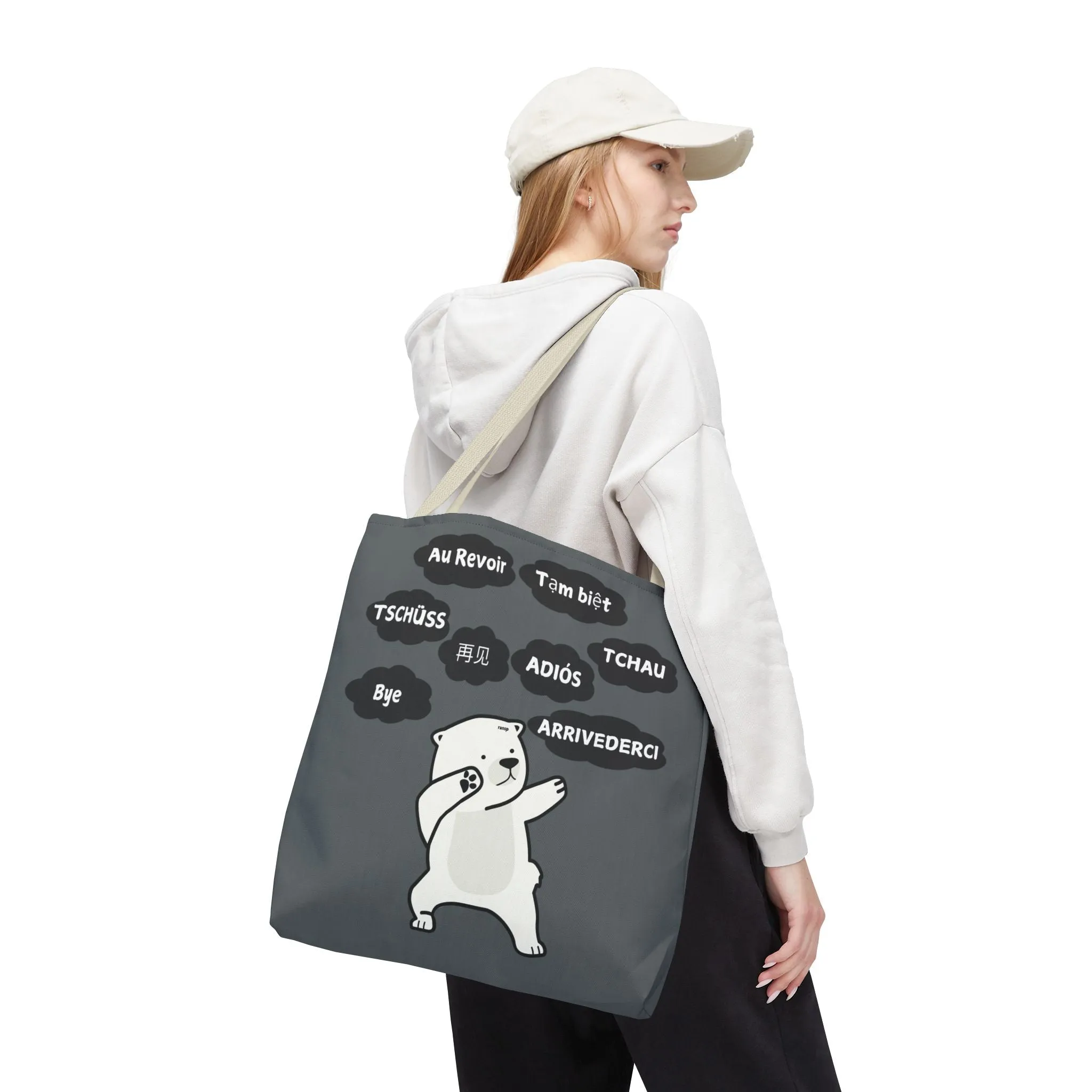 Dark Grey Multilingual Farewell Tote Bag with Dancing Bear Design- Perfect for Friendship Gifts, Bag for Shopping, Everyday Shopping bag