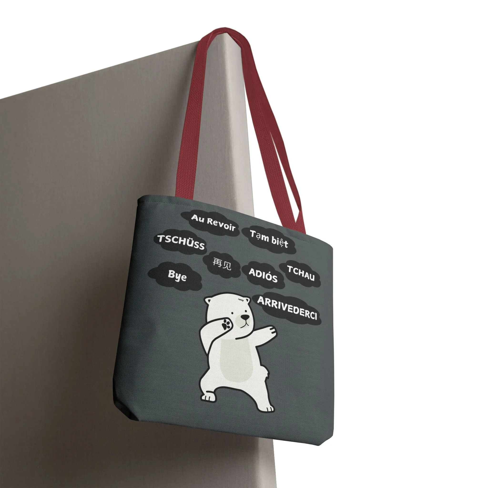Dark Grey Multilingual Farewell Tote Bag with Dancing Bear Design- Perfect for Friendship Gifts, Bag for Shopping, Everyday Shopping bag