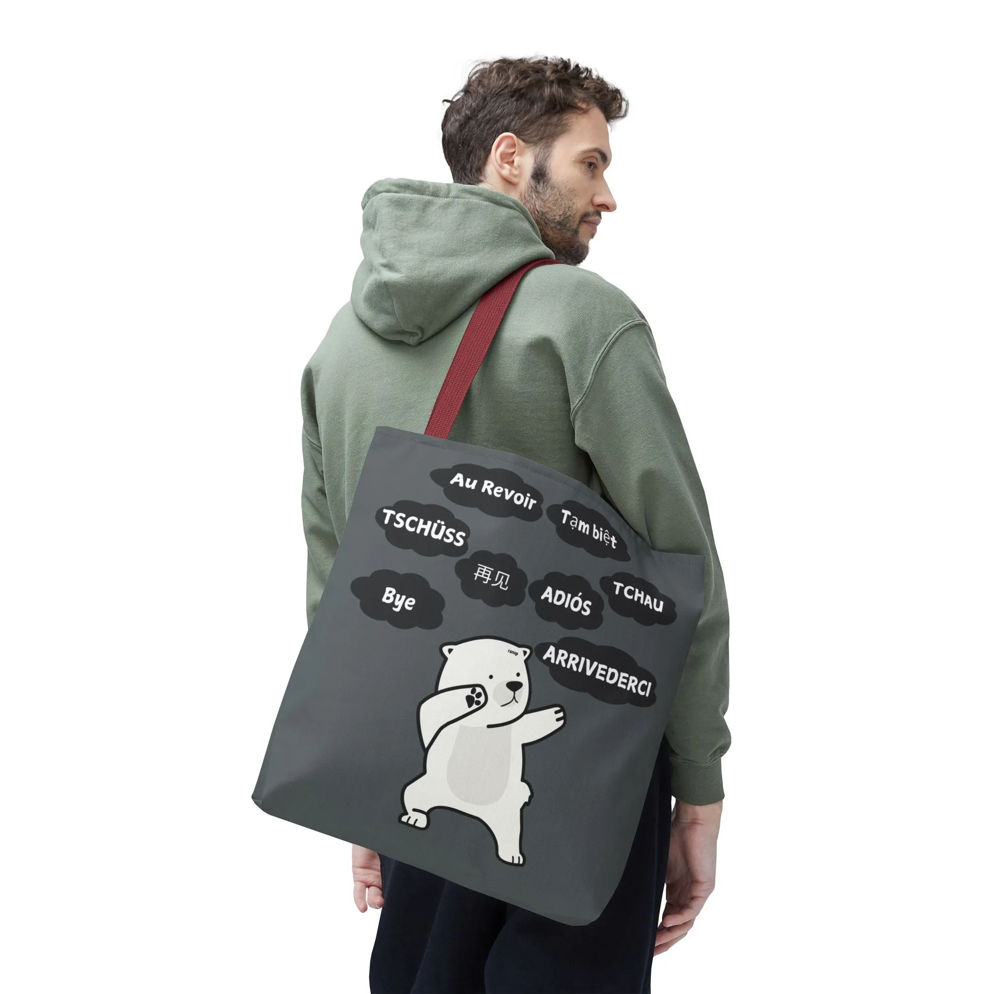 Dark Grey Multilingual Farewell Tote Bag with Dancing Bear Design- Perfect for Friendship Gifts, Bag for Shopping, Everyday Shopping bag