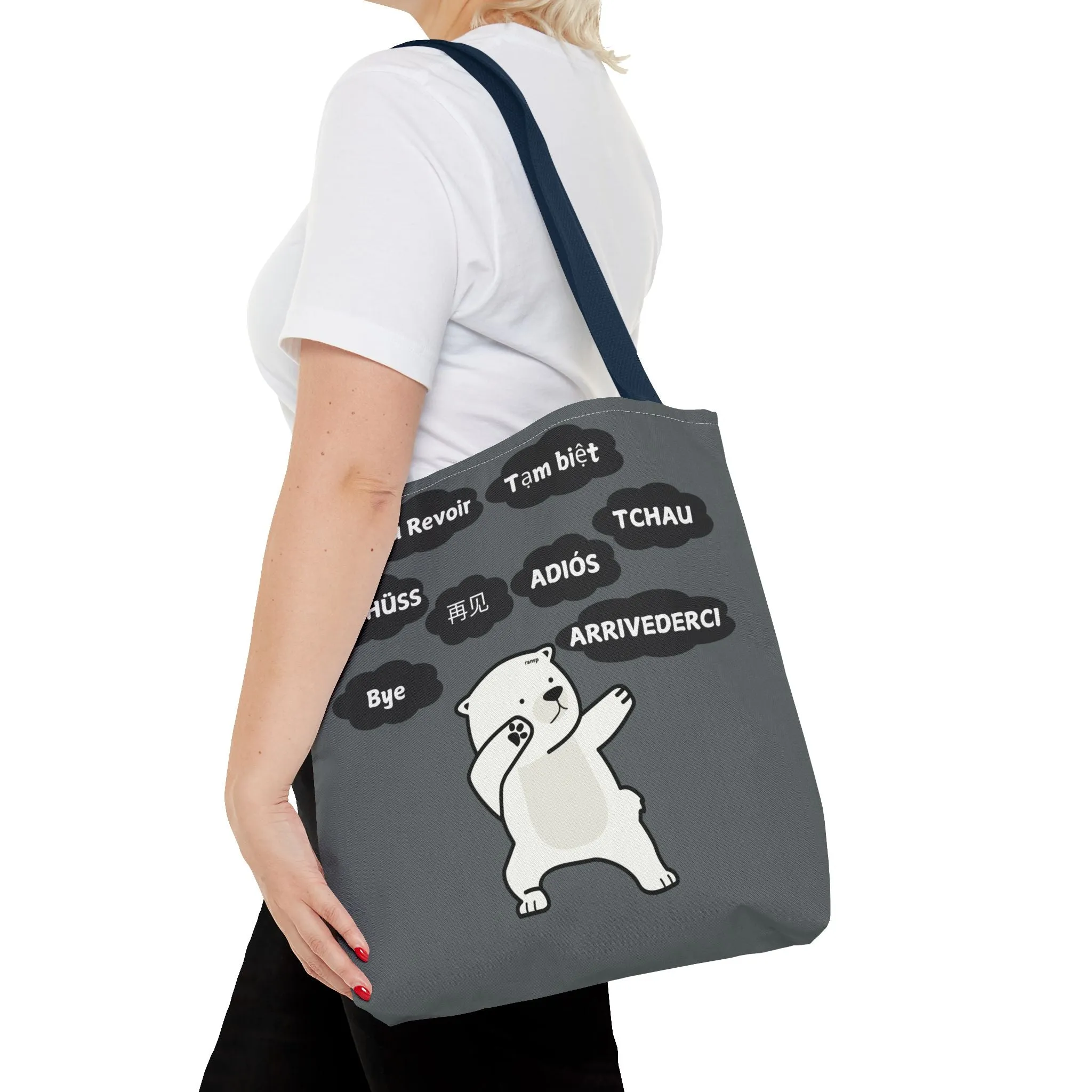 Dark Grey Multilingual Farewell Tote Bag with Dancing Bear Design- Perfect for Friendship Gifts, Bag for Shopping, Everyday Shopping bag