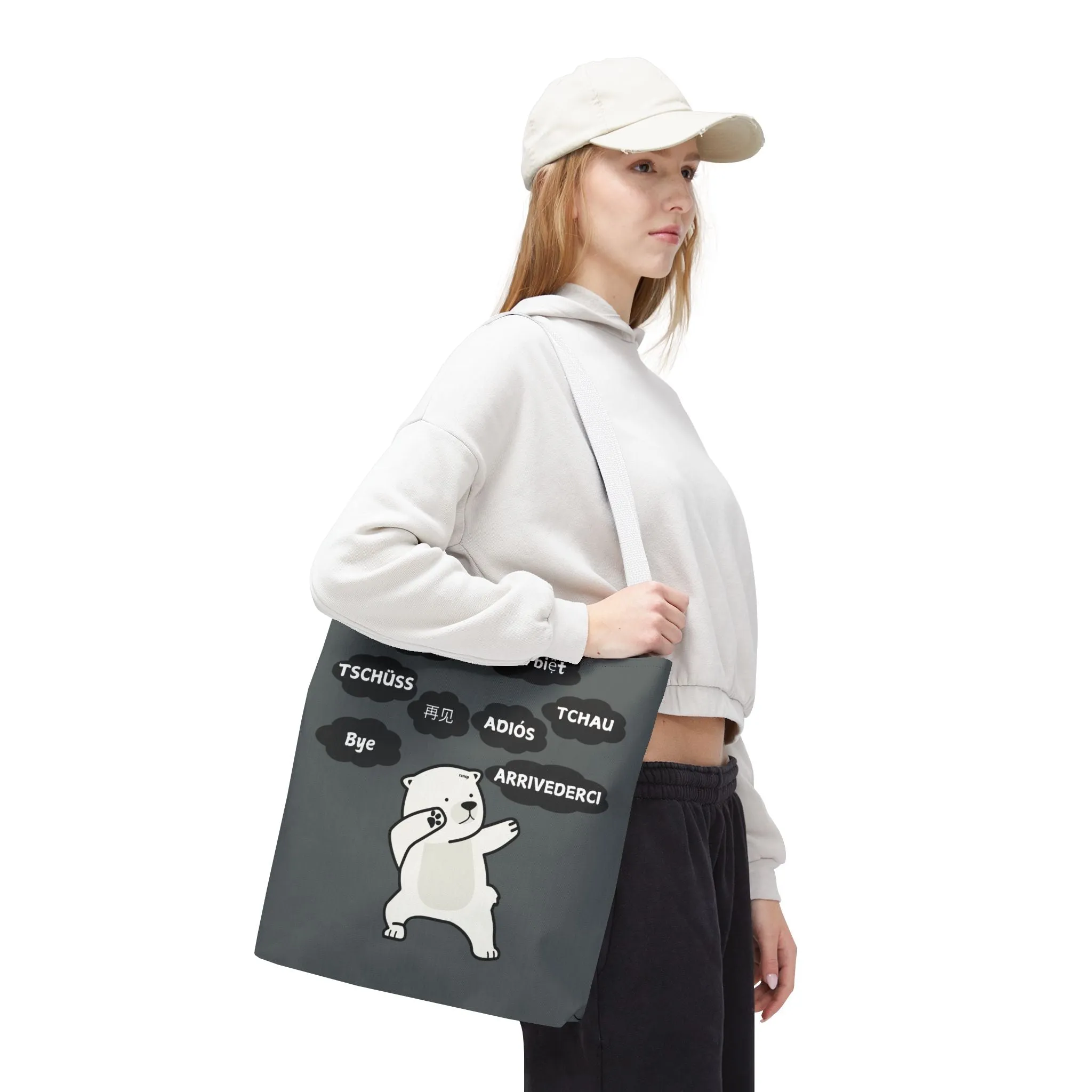 Dark Grey Multilingual Farewell Tote Bag with Dancing Bear Design- Perfect for Friendship Gifts, Bag for Shopping, Everyday Shopping bag