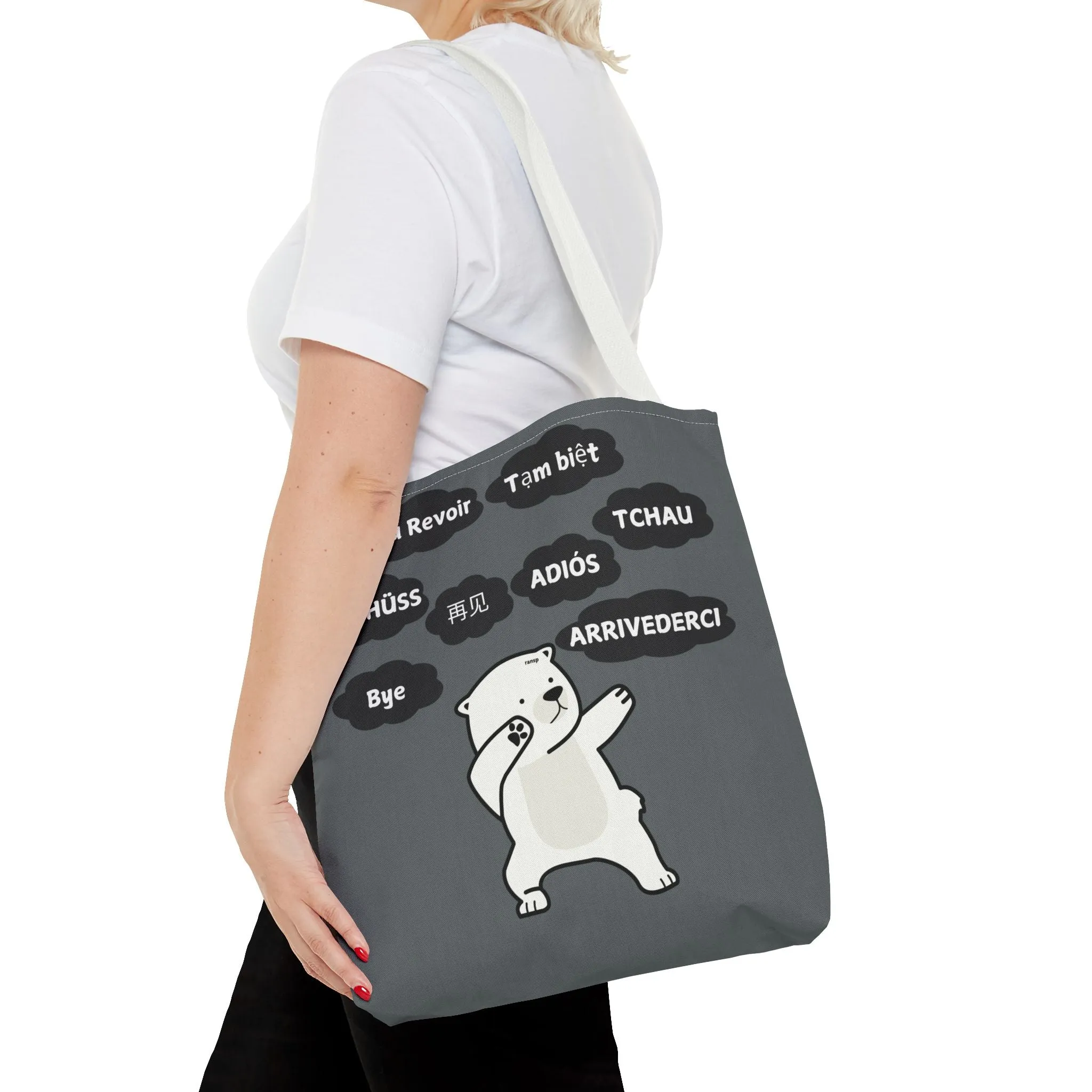 Dark Grey Multilingual Farewell Tote Bag with Dancing Bear Design- Perfect for Friendship Gifts, Bag for Shopping, Everyday Shopping bag