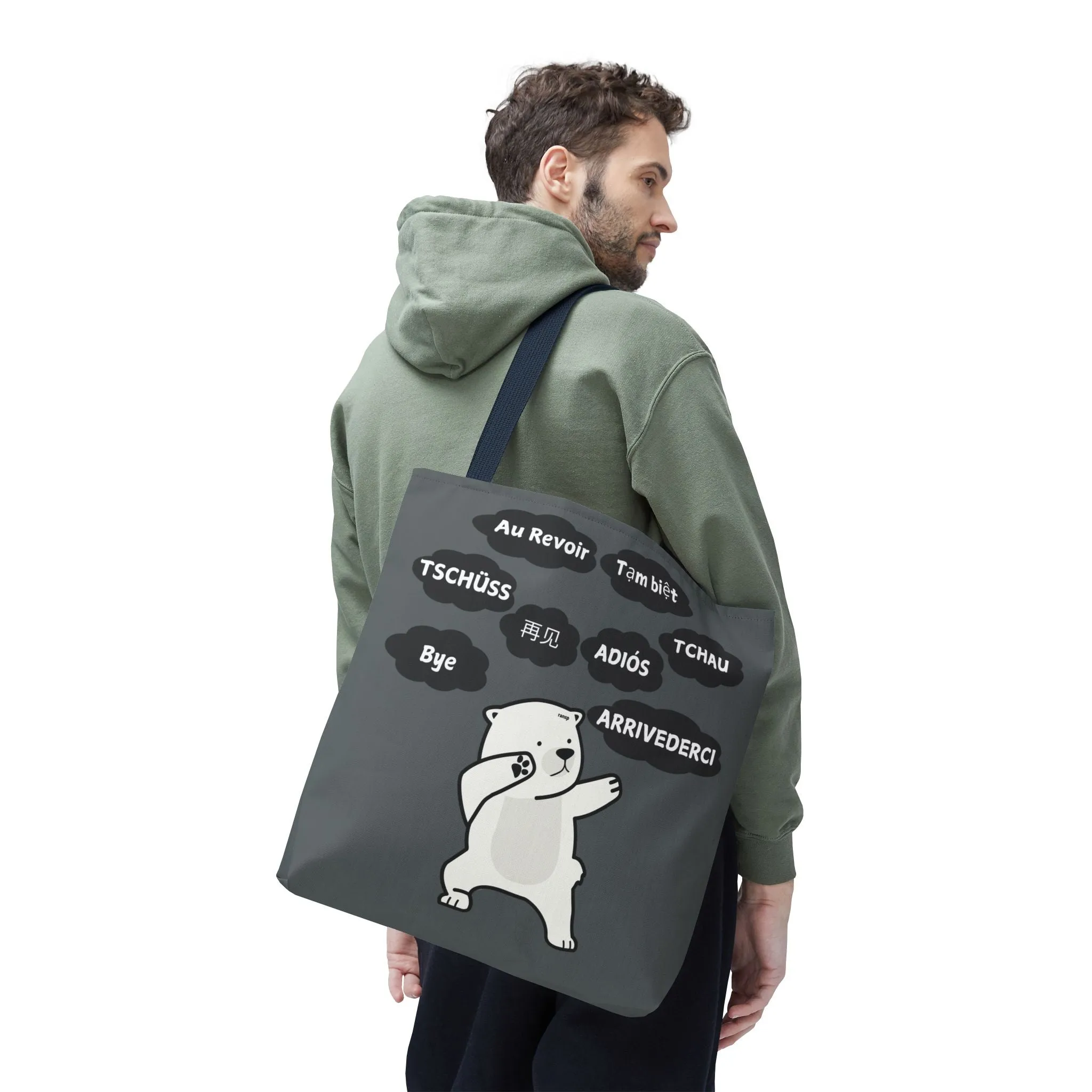 Dark Grey Multilingual Farewell Tote Bag with Dancing Bear Design- Perfect for Friendship Gifts, Bag for Shopping, Everyday Shopping bag
