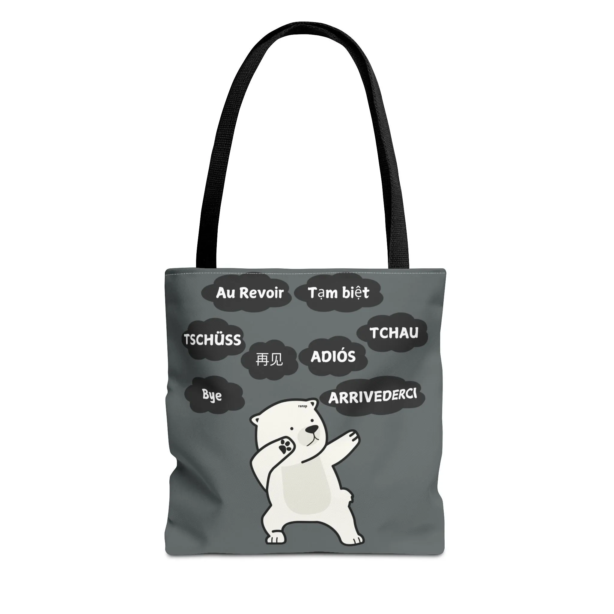 Dark Grey Multilingual Farewell Tote Bag with Dancing Bear Design- Perfect for Friendship Gifts, Bag for Shopping, Everyday Shopping bag