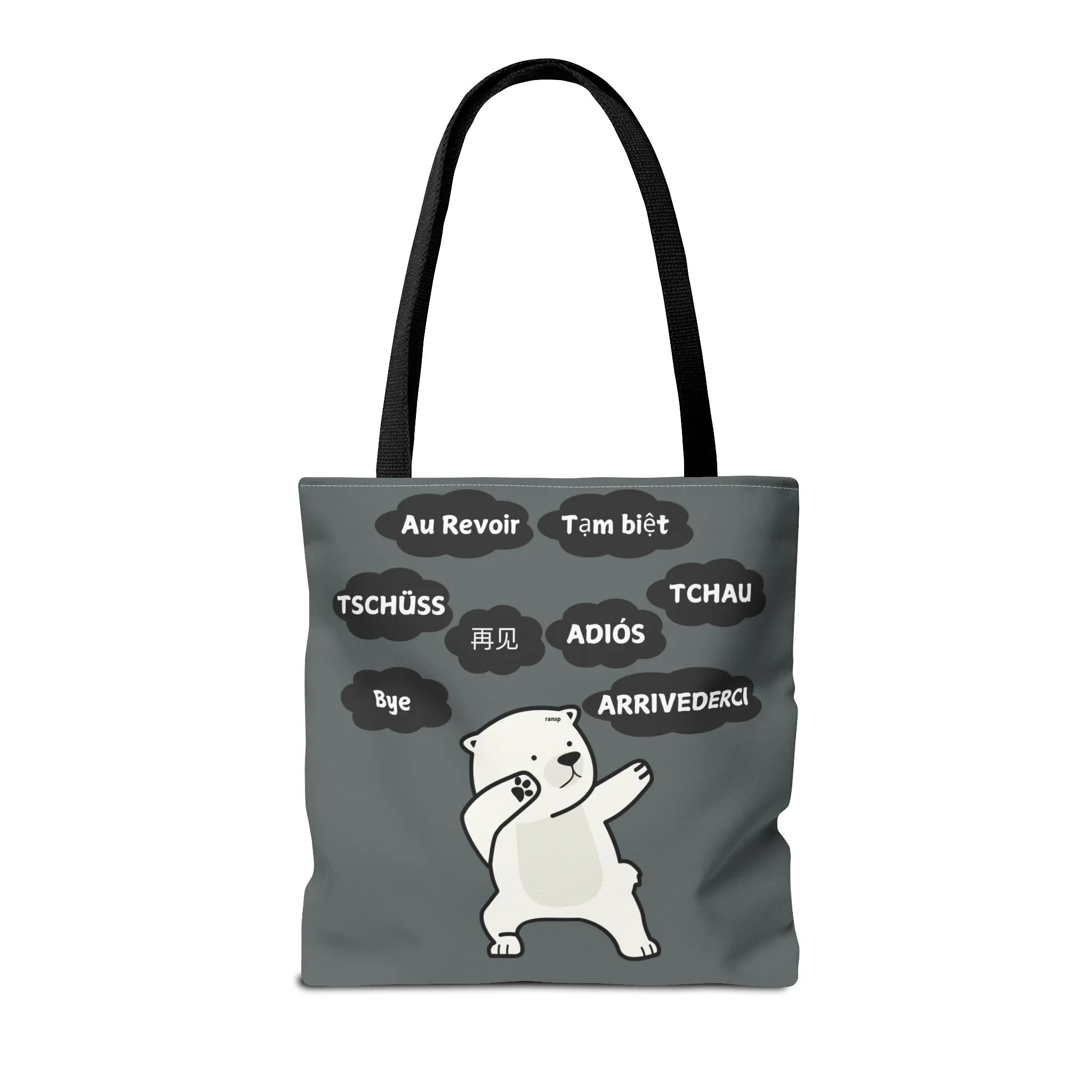 Dark Grey Multilingual Farewell Tote Bag with Dancing Bear Design- Perfect for Friendship Gifts, Bag for Shopping, Everyday Shopping bag