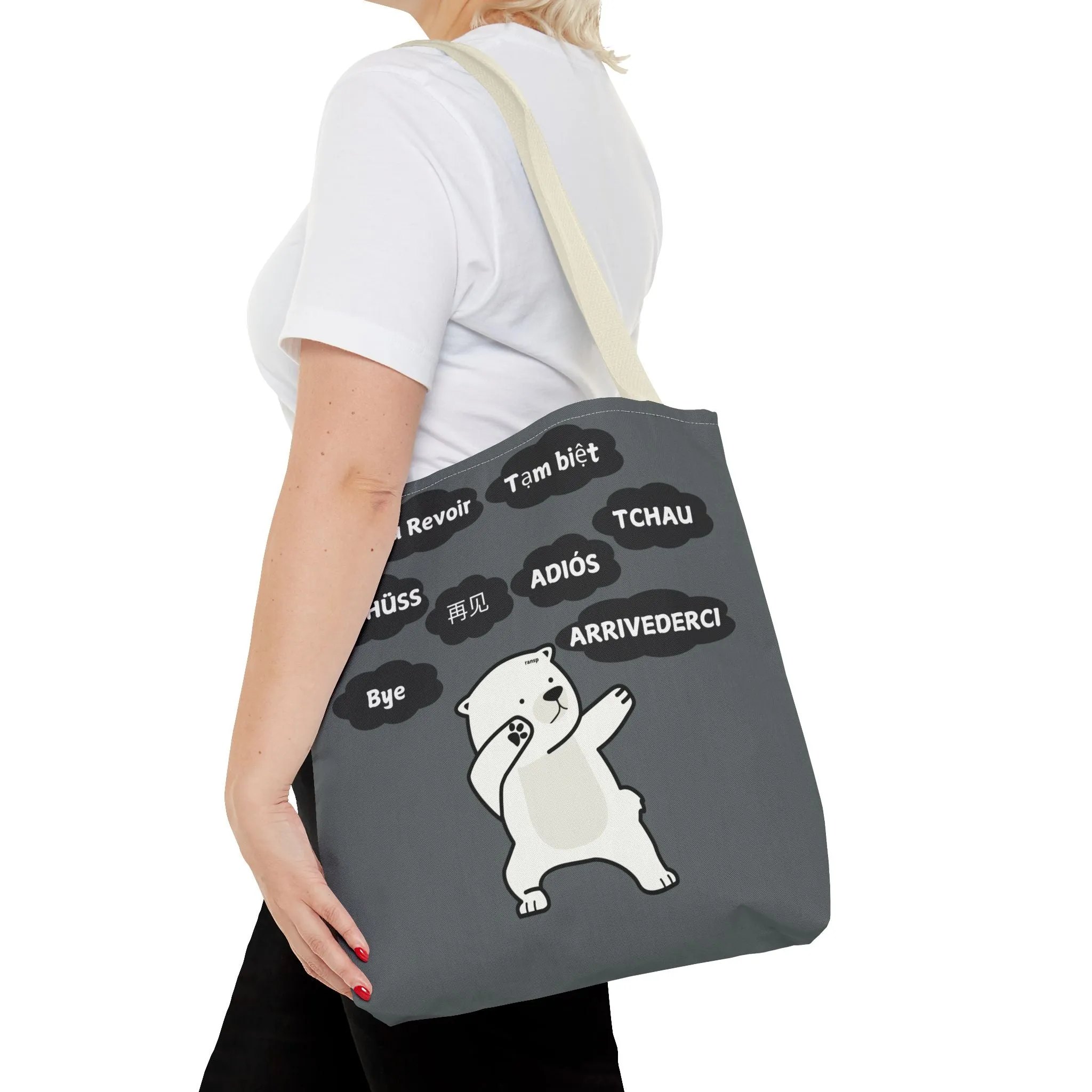 Dark Grey Multilingual Farewell Tote Bag with Dancing Bear Design- Perfect for Friendship Gifts, Bag for Shopping, Everyday Shopping bag