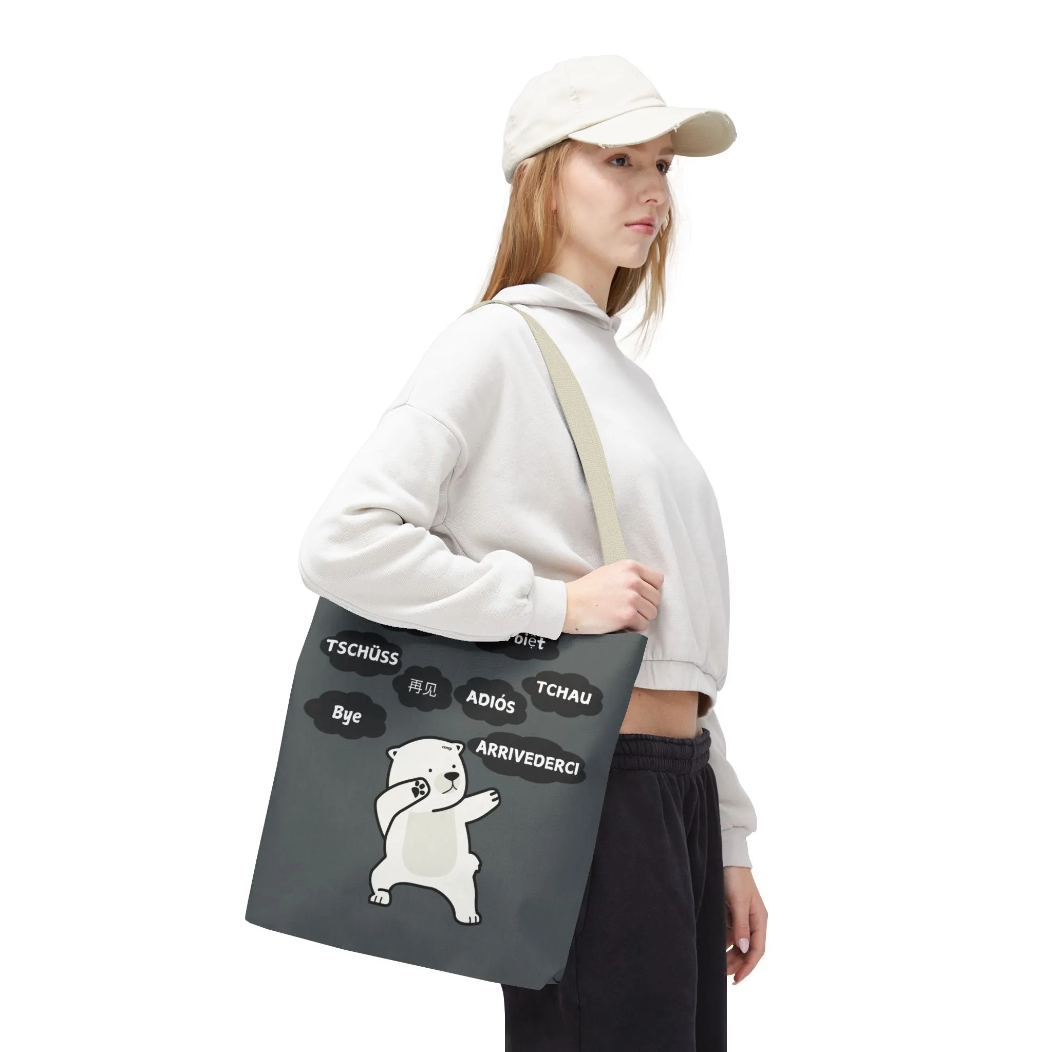 Dark Grey Multilingual Farewell Tote Bag with Dancing Bear Design- Perfect for Friendship Gifts, Bag for Shopping, Everyday Shopping bag