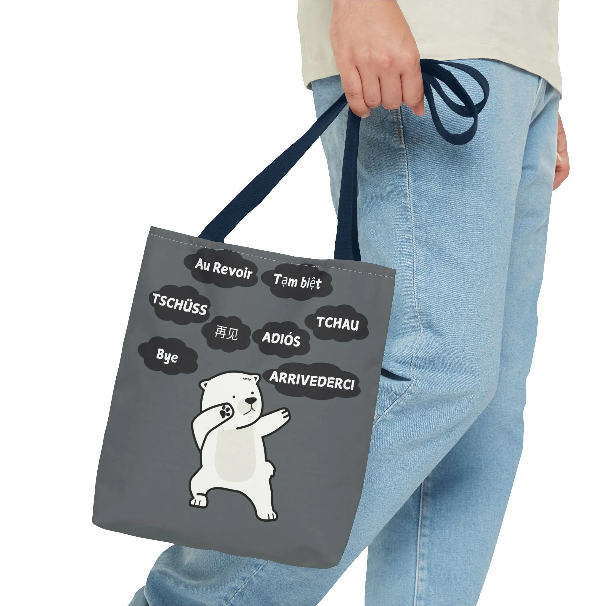 Dark Grey Multilingual Farewell Tote Bag with Dancing Bear Design- Perfect for Friendship Gifts, Bag for Shopping, Everyday Shopping bag