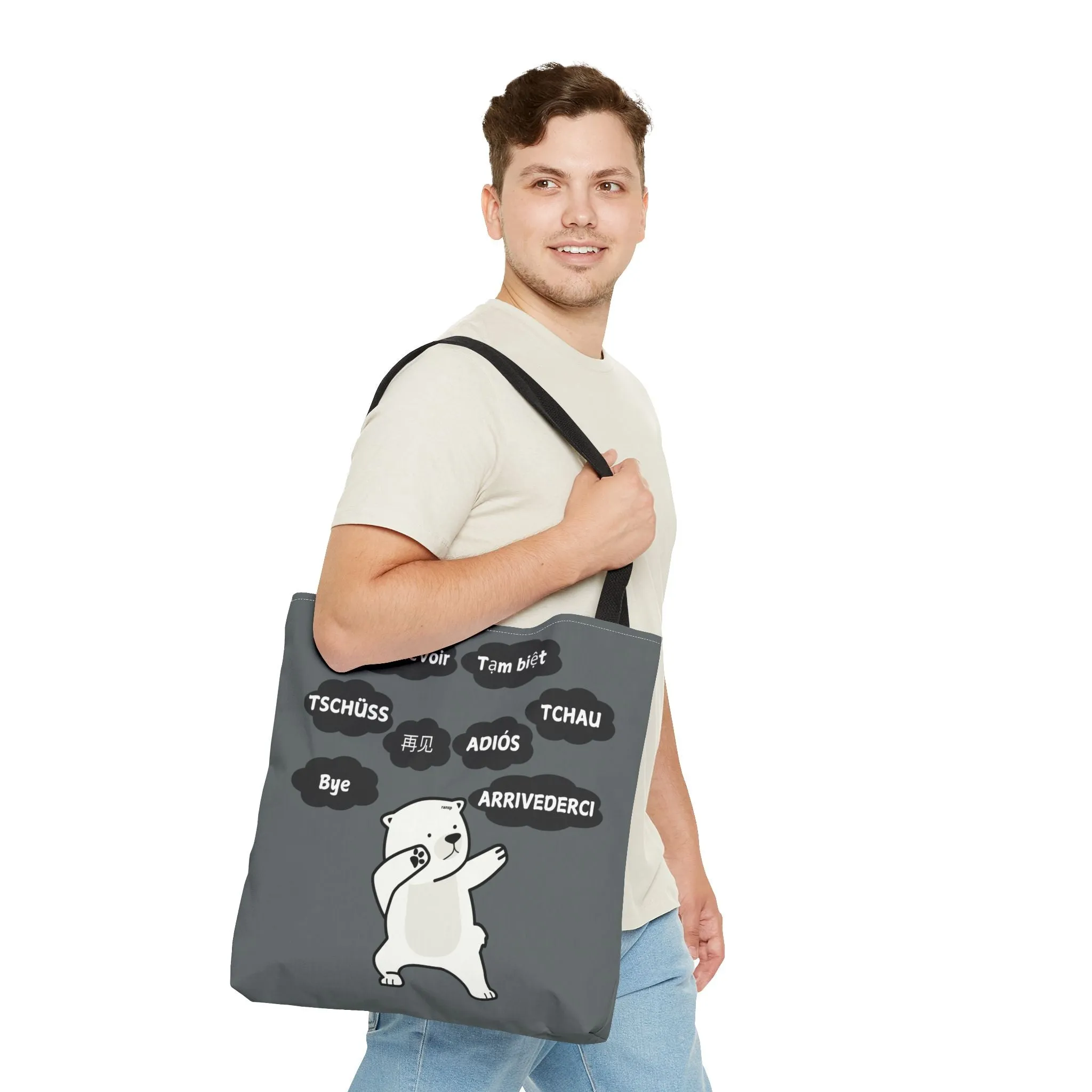 Dark Grey Multilingual Farewell Tote Bag with Dancing Bear Design- Perfect for Friendship Gifts, Bag for Shopping, Everyday Shopping bag