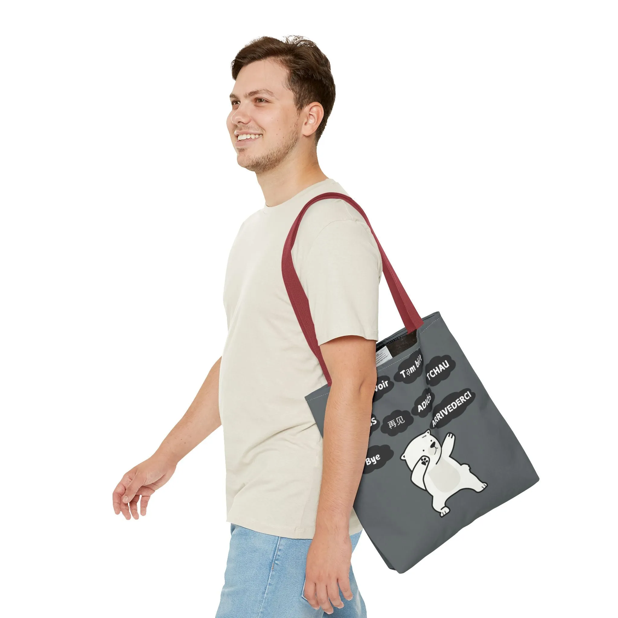 Dark Grey Multilingual Farewell Tote Bag with Dancing Bear Design- Perfect for Friendship Gifts, Bag for Shopping, Everyday Shopping bag