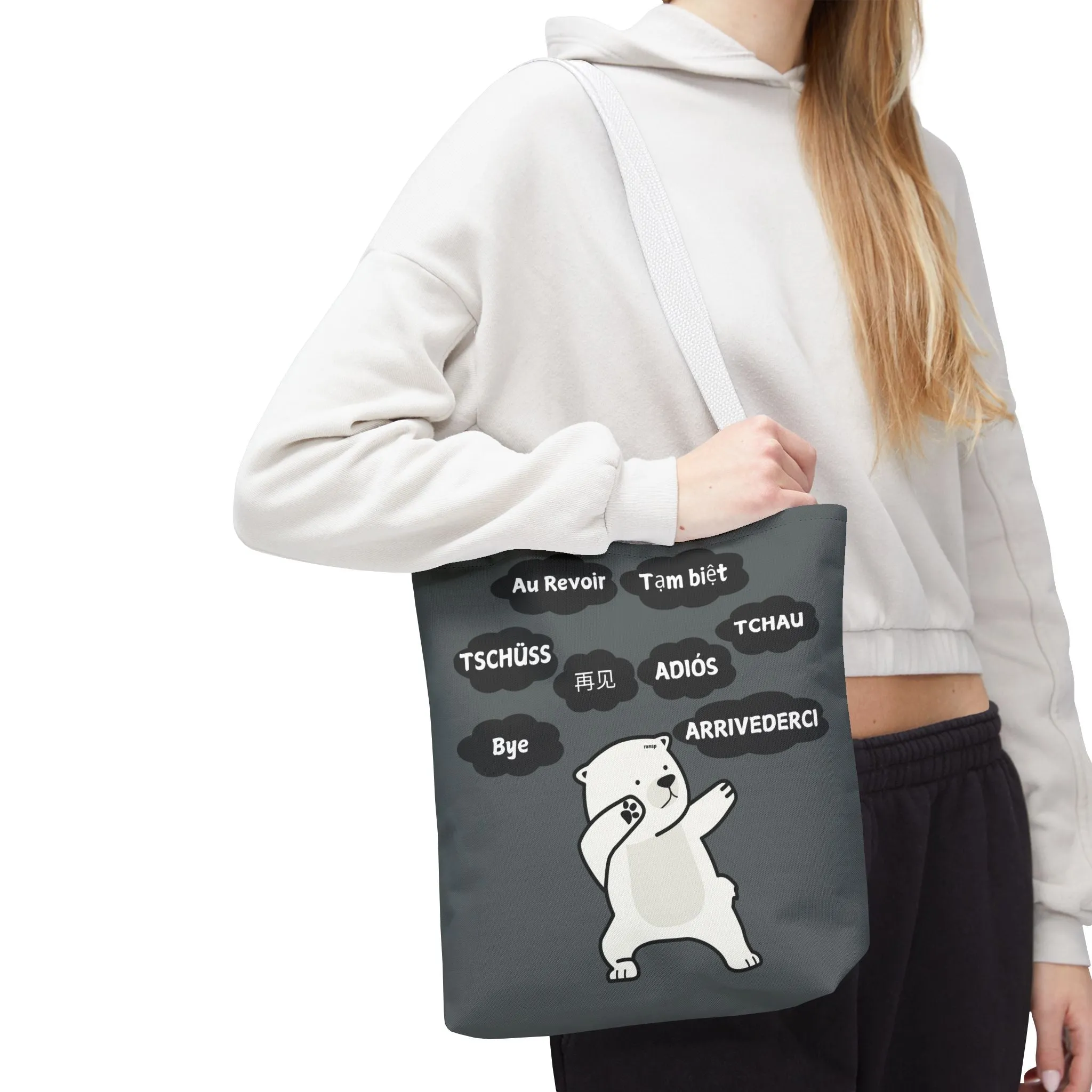 Dark Grey Multilingual Farewell Tote Bag with Dancing Bear Design- Perfect for Friendship Gifts, Bag for Shopping, Everyday Shopping bag