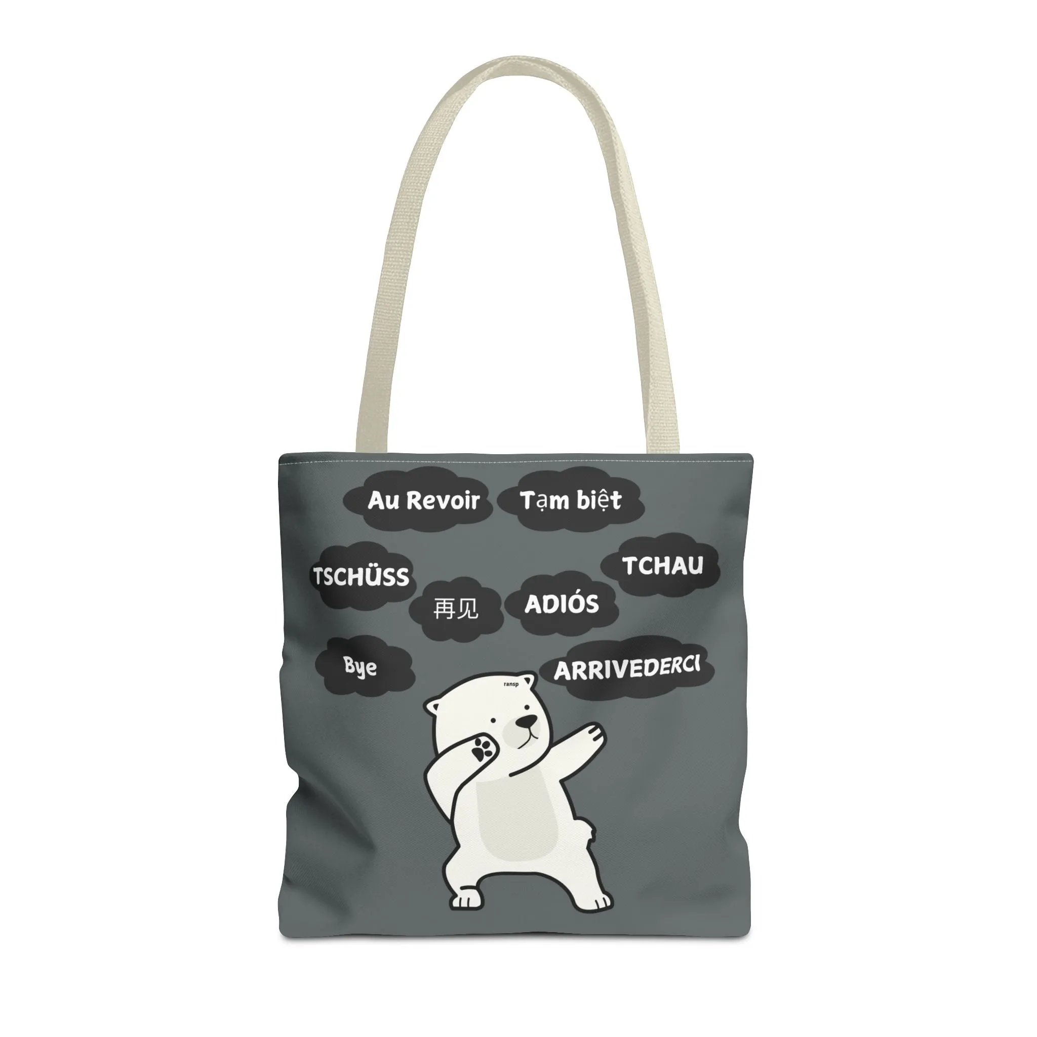 Dark Grey Multilingual Farewell Tote Bag with Dancing Bear Design- Perfect for Friendship Gifts, Bag for Shopping, Everyday Shopping bag