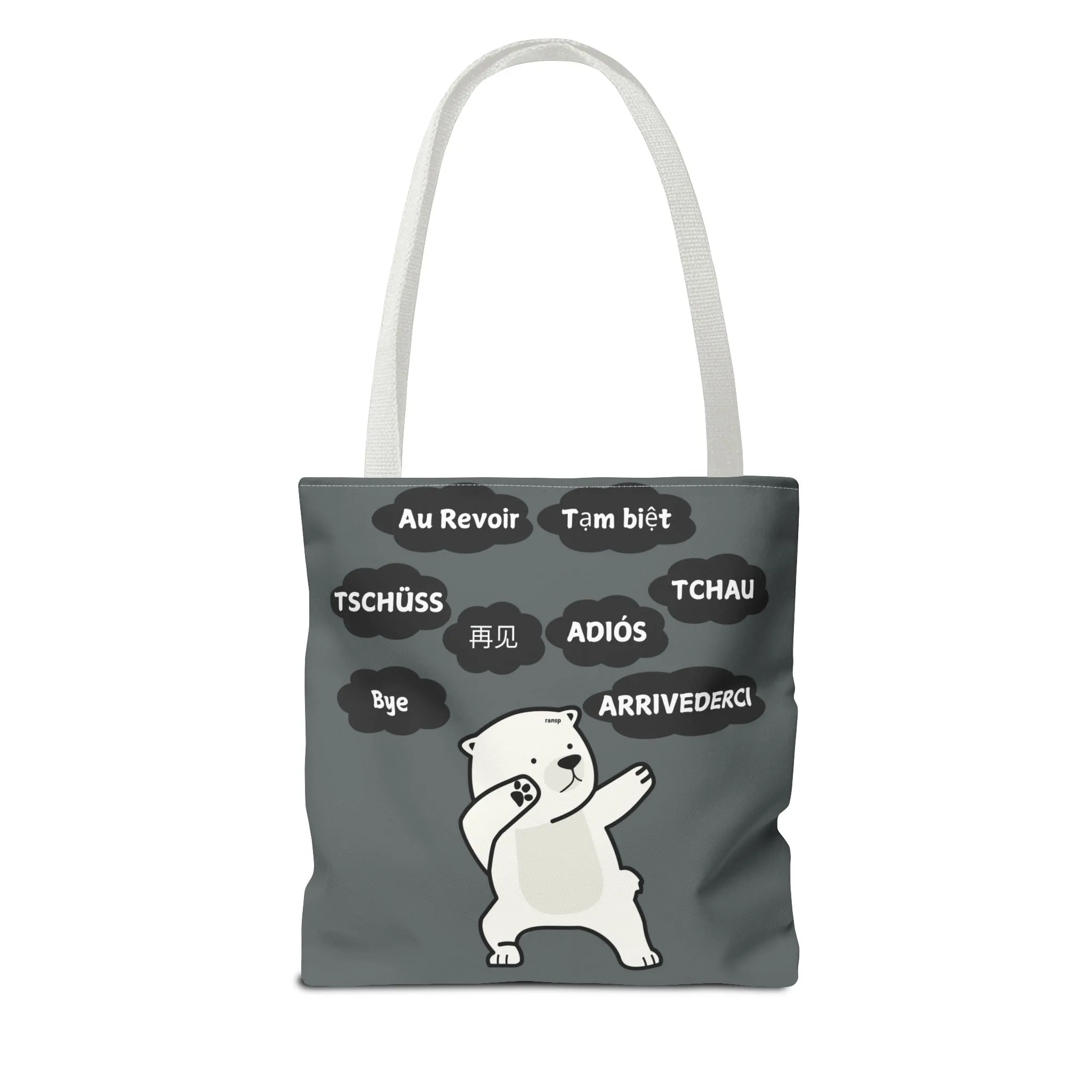 Dark Grey Multilingual Farewell Tote Bag with Dancing Bear Design- Perfect for Friendship Gifts, Bag for Shopping, Everyday Shopping bag