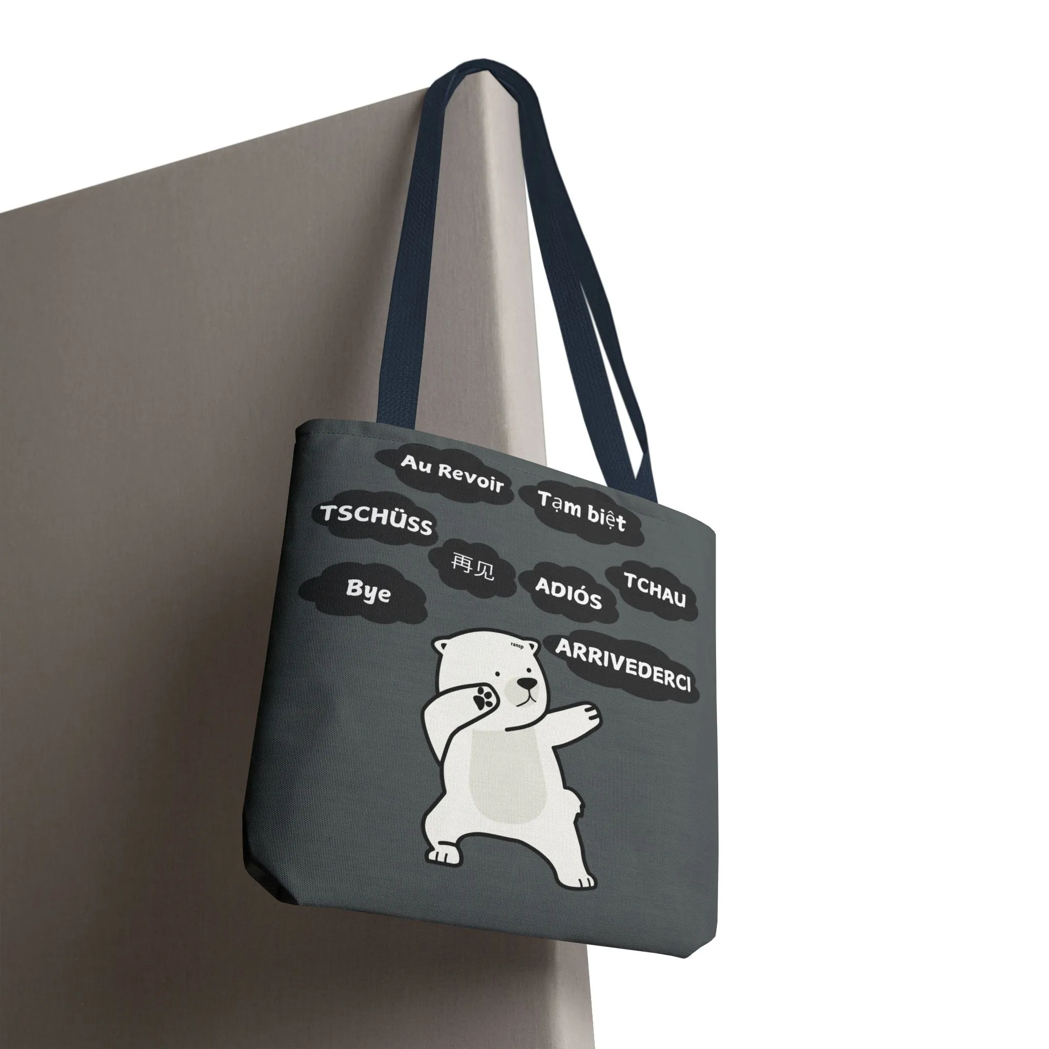 Dark Grey Multilingual Farewell Tote Bag with Dancing Bear Design- Perfect for Friendship Gifts, Bag for Shopping, Everyday Shopping bag