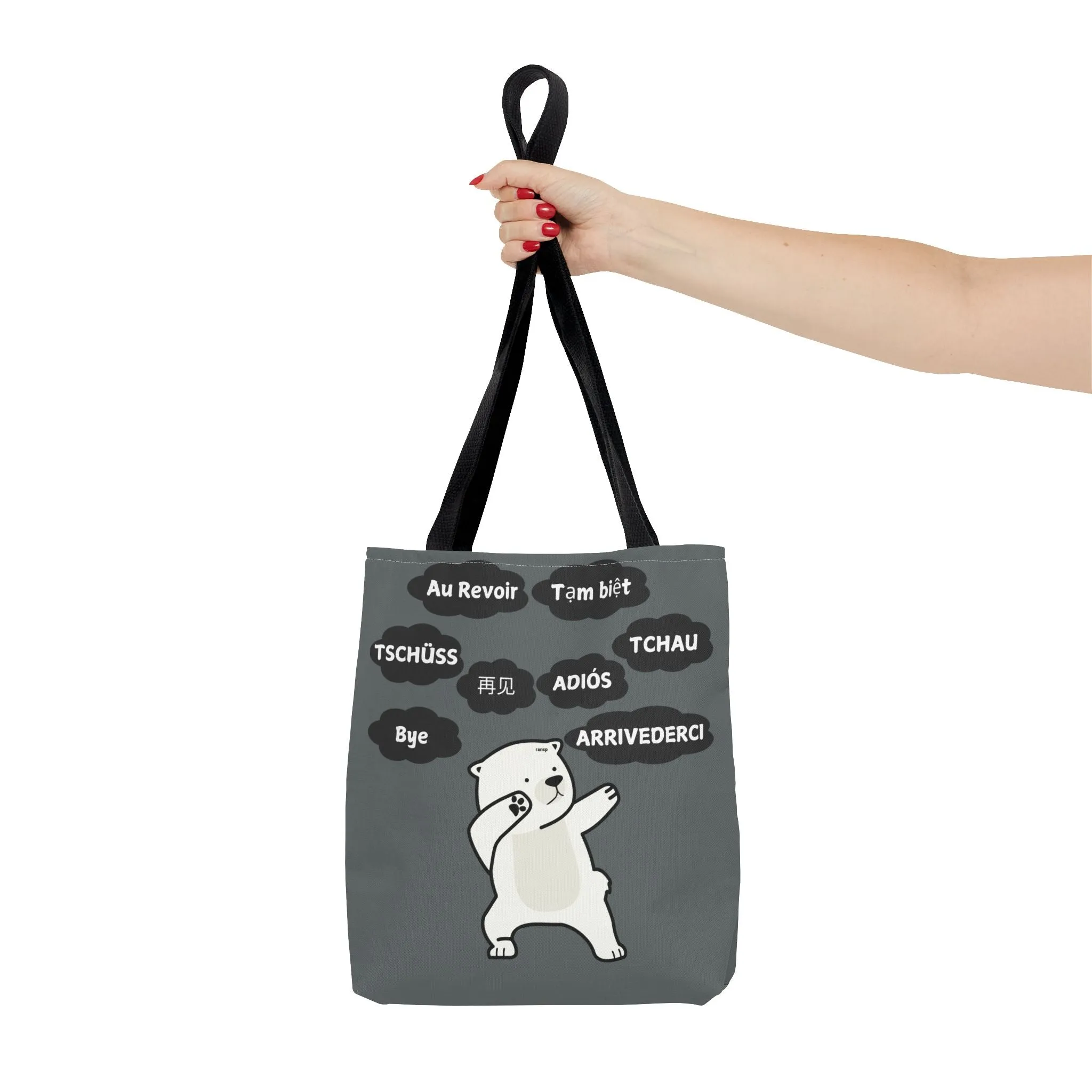 Dark Grey Multilingual Farewell Tote Bag with Dancing Bear Design- Perfect for Friendship Gifts, Bag for Shopping, Everyday Shopping bag