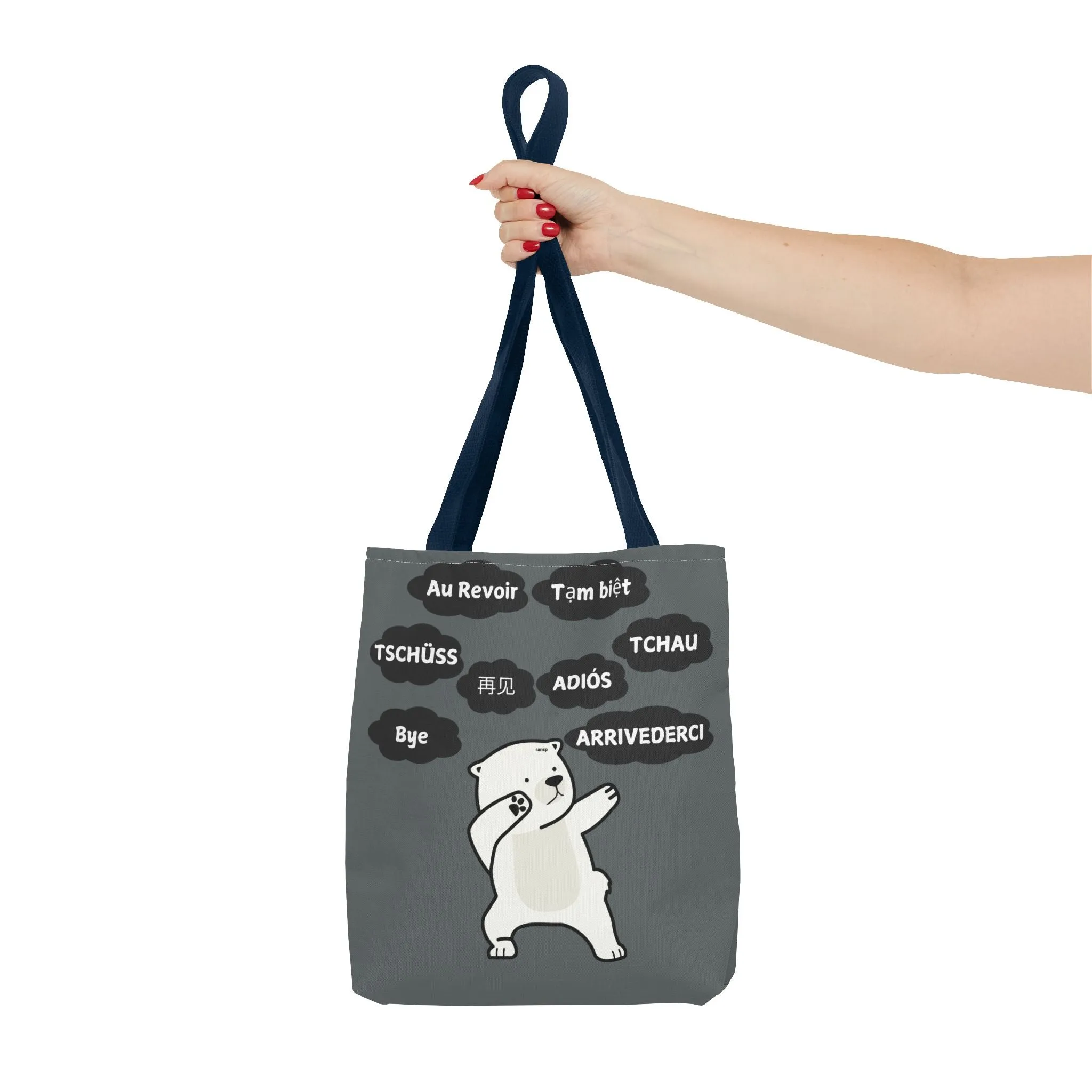 Dark Grey Multilingual Farewell Tote Bag with Dancing Bear Design- Perfect for Friendship Gifts, Bag for Shopping, Everyday Shopping bag