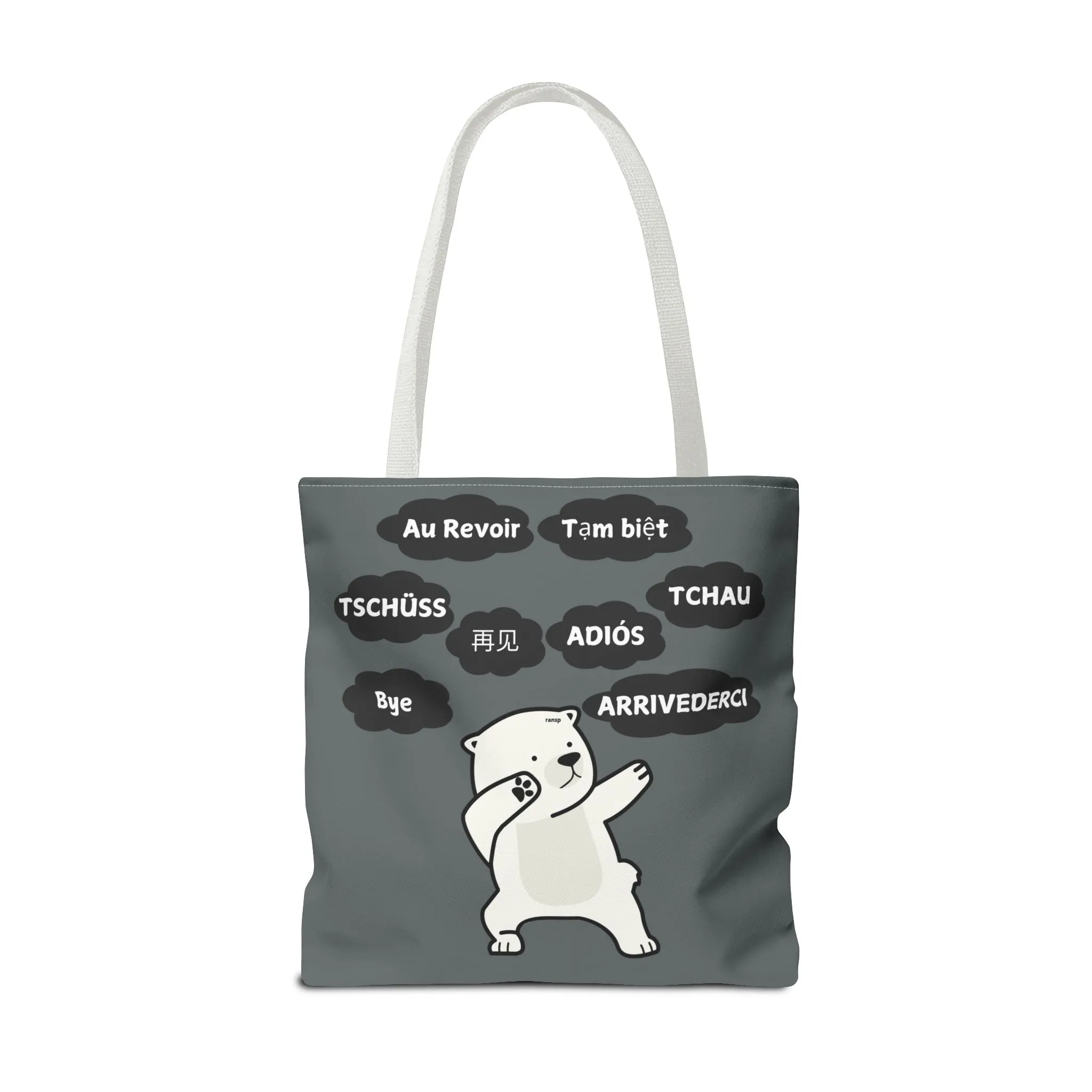 Dark Grey Multilingual Farewell Tote Bag with Dancing Bear Design- Perfect for Friendship Gifts, Bag for Shopping, Everyday Shopping bag