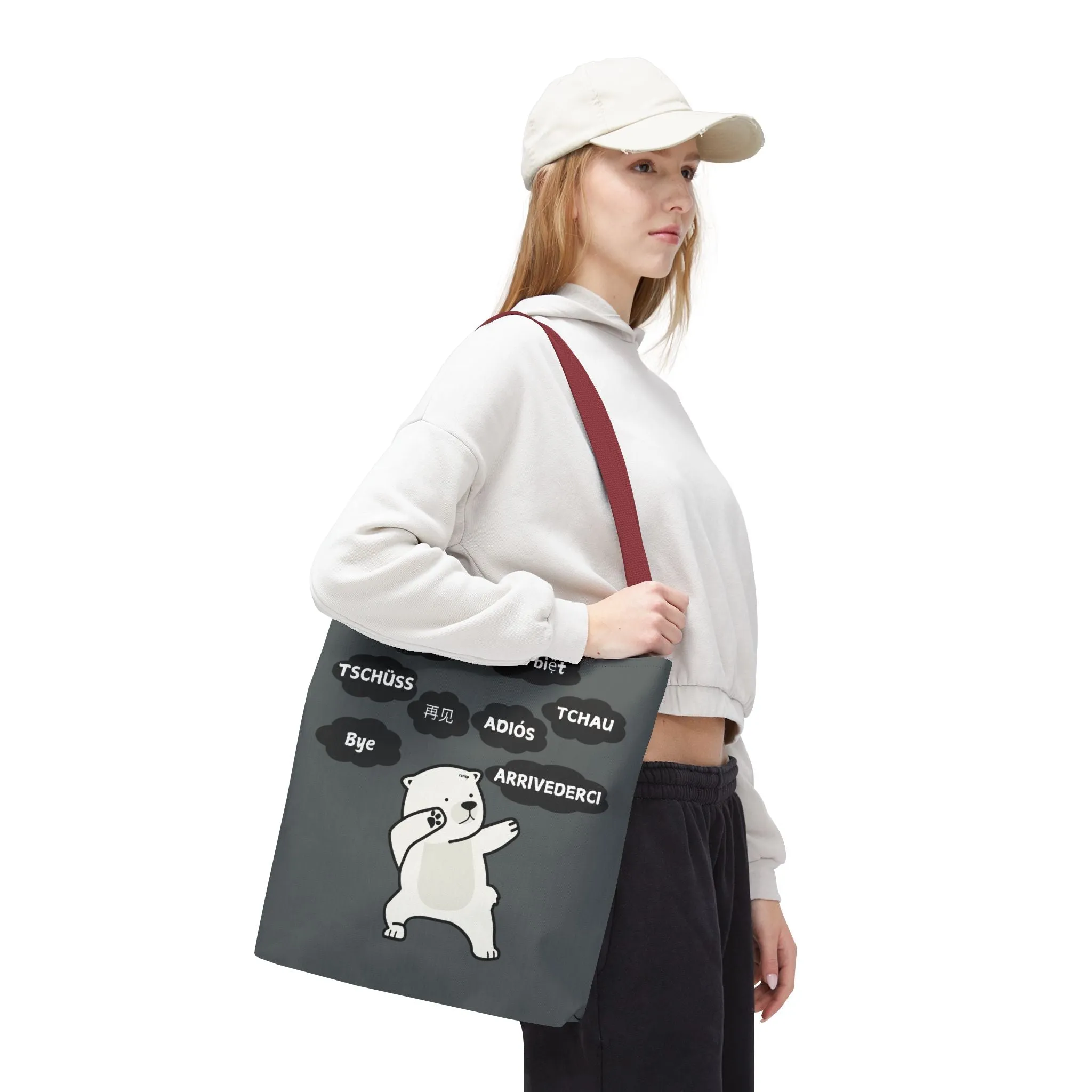 Dark Grey Multilingual Farewell Tote Bag with Dancing Bear Design- Perfect for Friendship Gifts, Bag for Shopping, Everyday Shopping bag