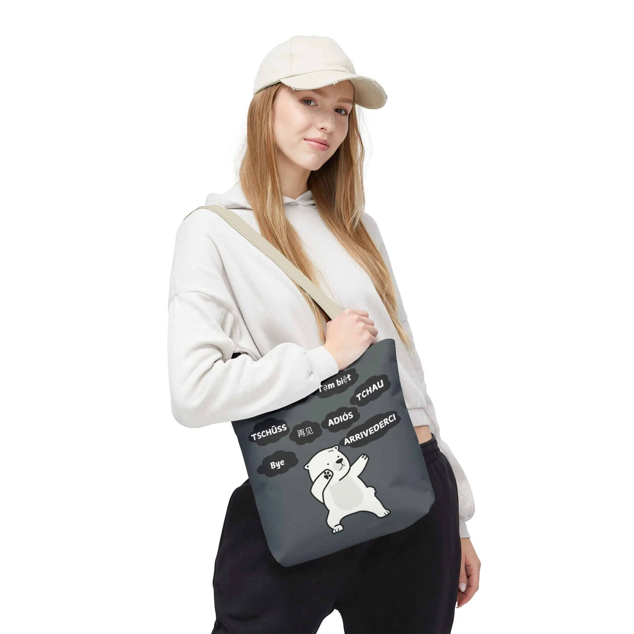 Dark Grey Multilingual Farewell Tote Bag with Dancing Bear Design- Perfect for Friendship Gifts, Bag for Shopping, Everyday Shopping bag