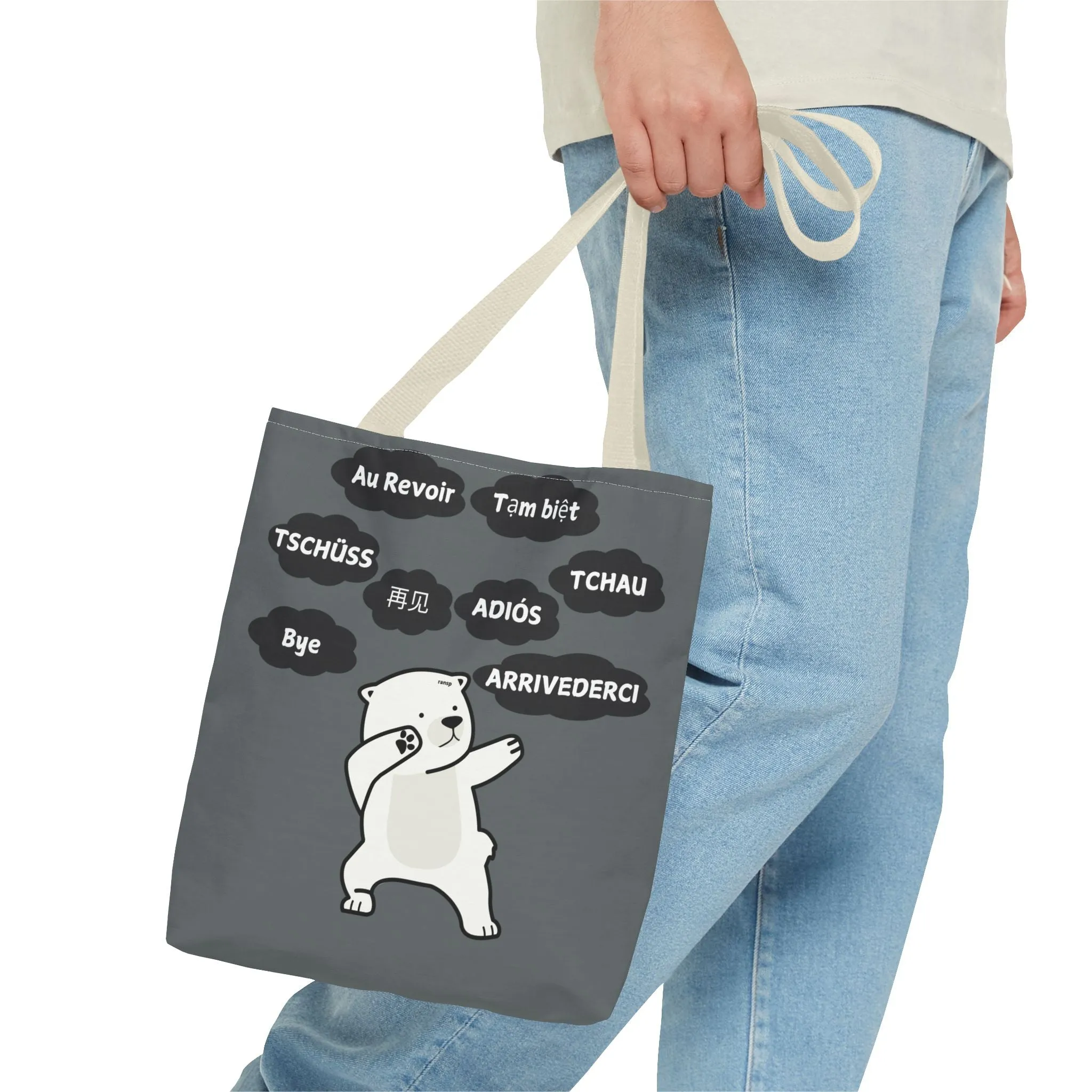 Dark Grey Multilingual Farewell Tote Bag with Dancing Bear Design- Perfect for Friendship Gifts, Bag for Shopping, Everyday Shopping bag