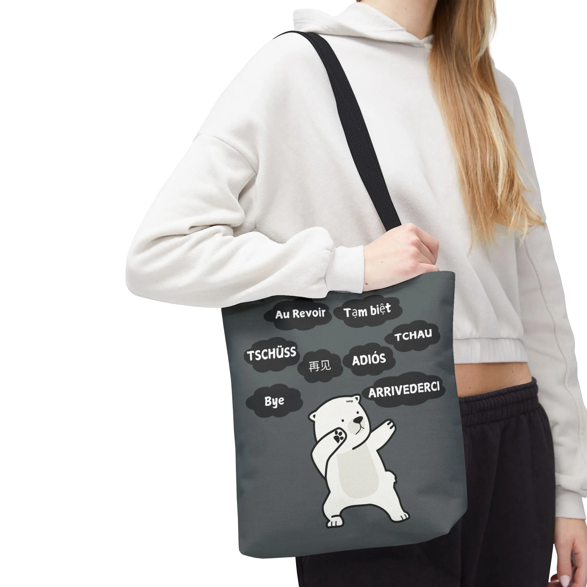Dark Grey Multilingual Farewell Tote Bag with Dancing Bear Design- Perfect for Friendship Gifts, Bag for Shopping, Everyday Shopping bag