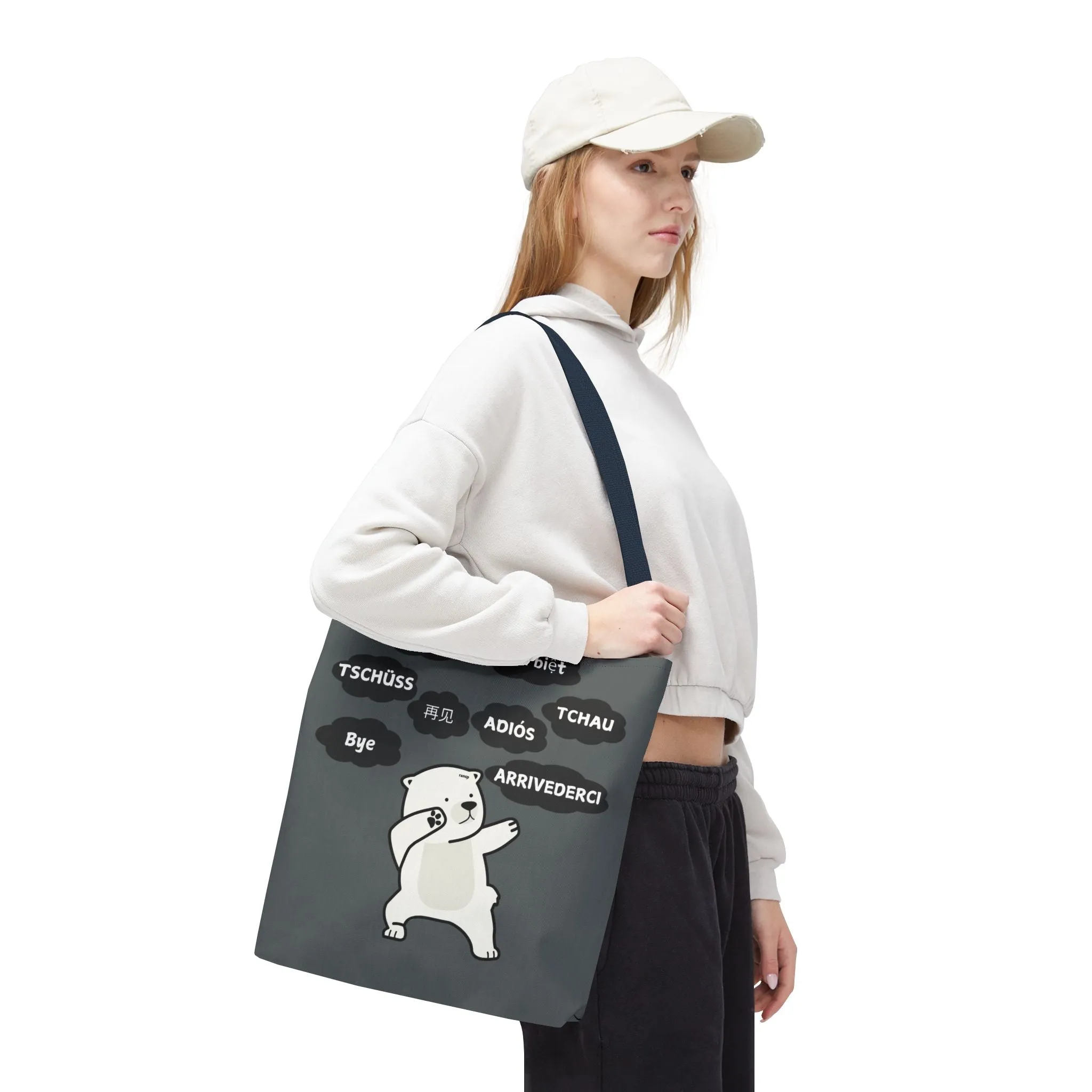 Dark Grey Multilingual Farewell Tote Bag with Dancing Bear Design- Perfect for Friendship Gifts, Bag for Shopping, Everyday Shopping bag