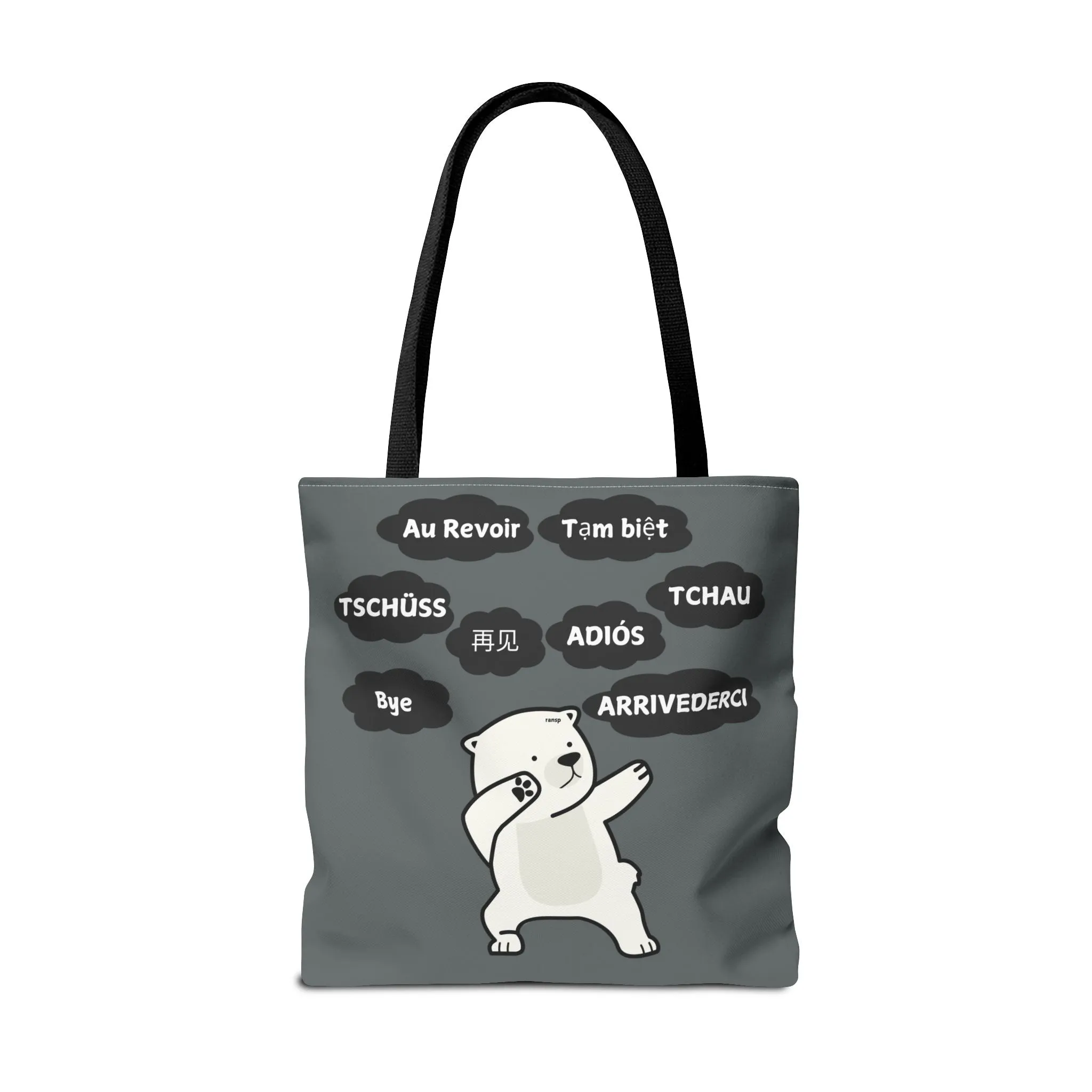 Dark Grey Multilingual Farewell Tote Bag with Dancing Bear Design- Perfect for Friendship Gifts, Bag for Shopping, Everyday Shopping bag