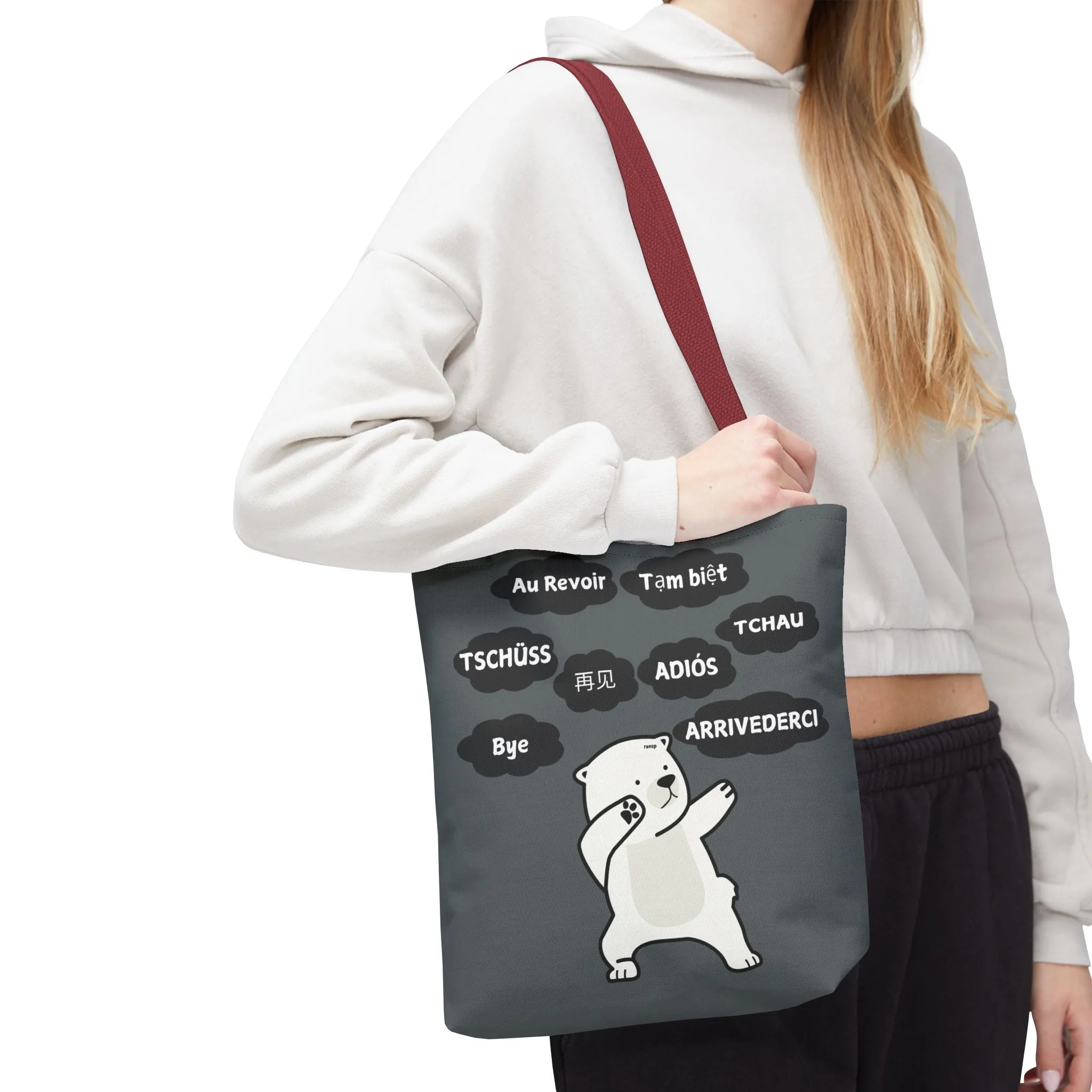 Dark Grey Multilingual Farewell Tote Bag with Dancing Bear Design- Perfect for Friendship Gifts, Bag for Shopping, Everyday Shopping bag