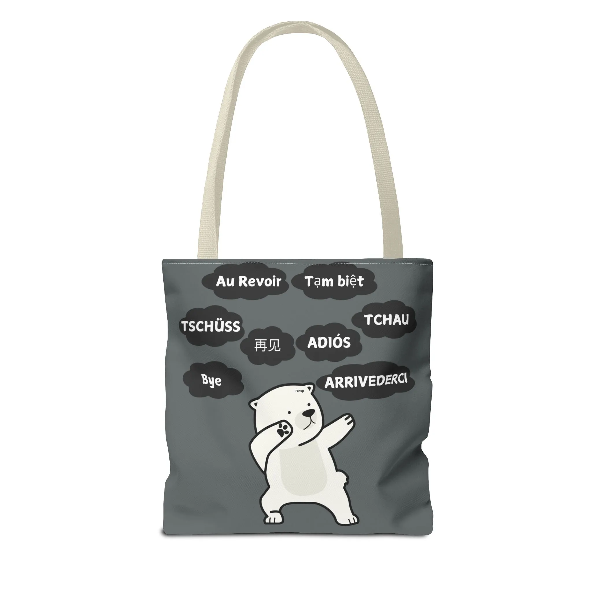 Dark Grey Multilingual Farewell Tote Bag with Dancing Bear Design- Perfect for Friendship Gifts, Bag for Shopping, Everyday Shopping bag