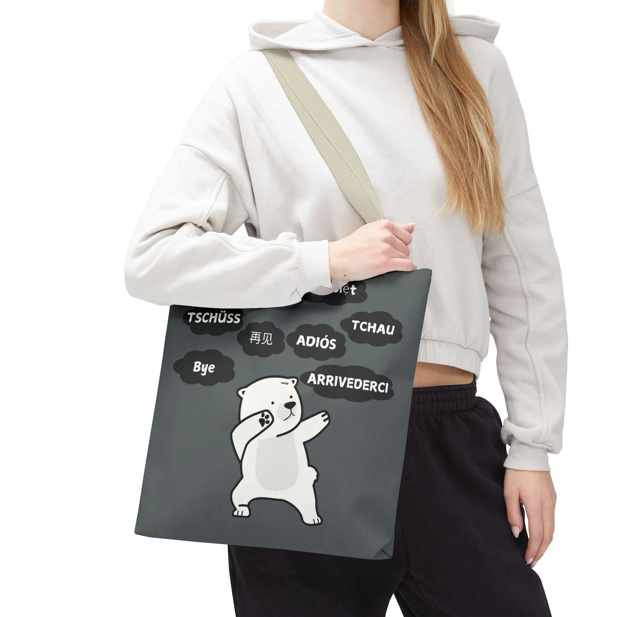 Dark Grey Multilingual Farewell Tote Bag with Dancing Bear Design- Perfect for Friendship Gifts, Bag for Shopping, Everyday Shopping bag