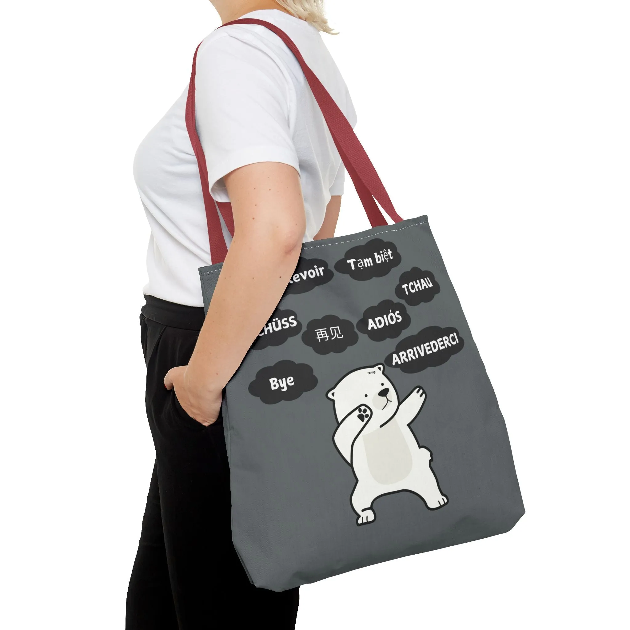 Dark Grey Multilingual Farewell Tote Bag with Dancing Bear Design- Perfect for Friendship Gifts, Bag for Shopping, Everyday Shopping bag
